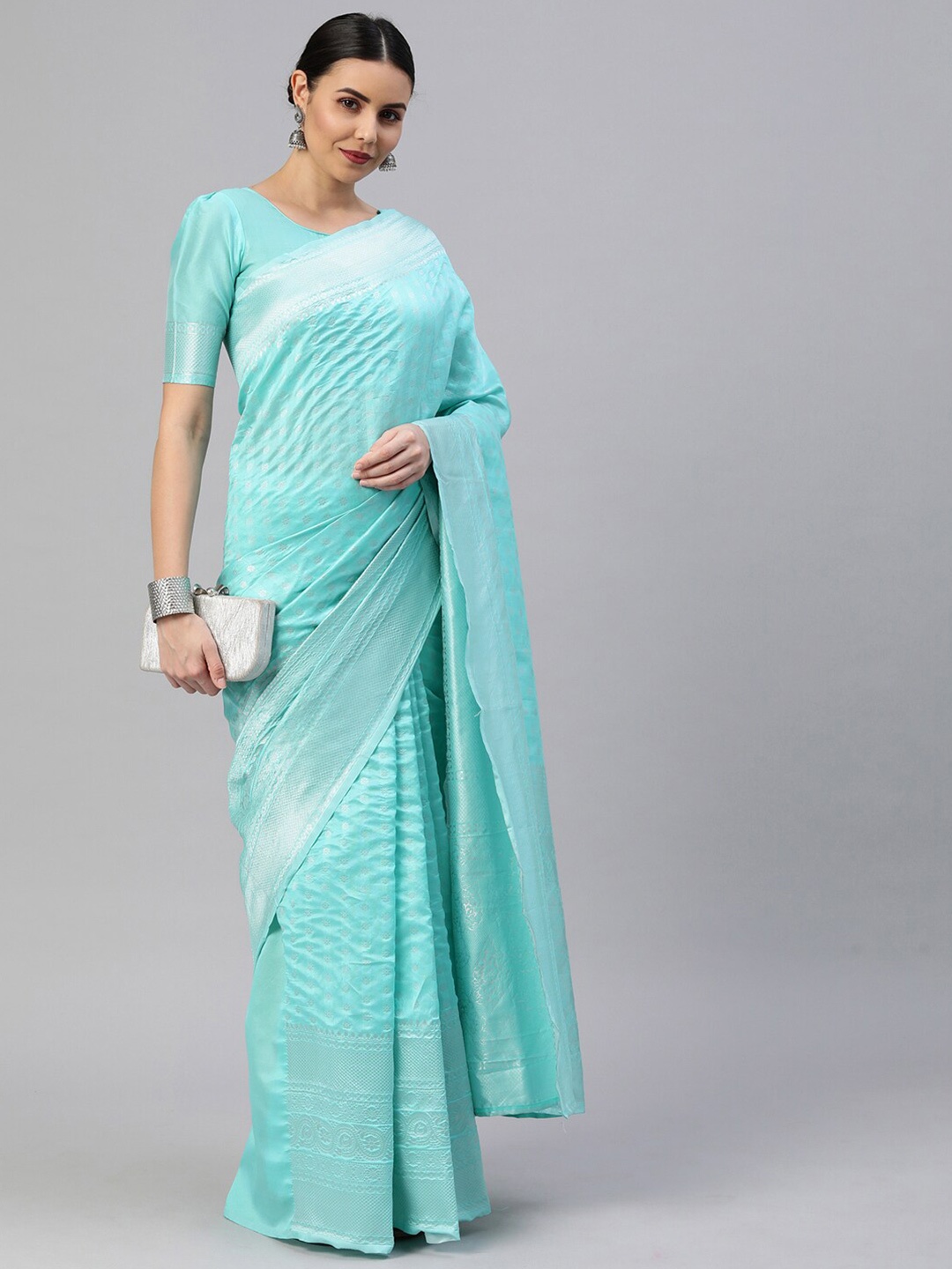 

Satrani Blue & Silver-Toned Poly Silk Woven Design Saree