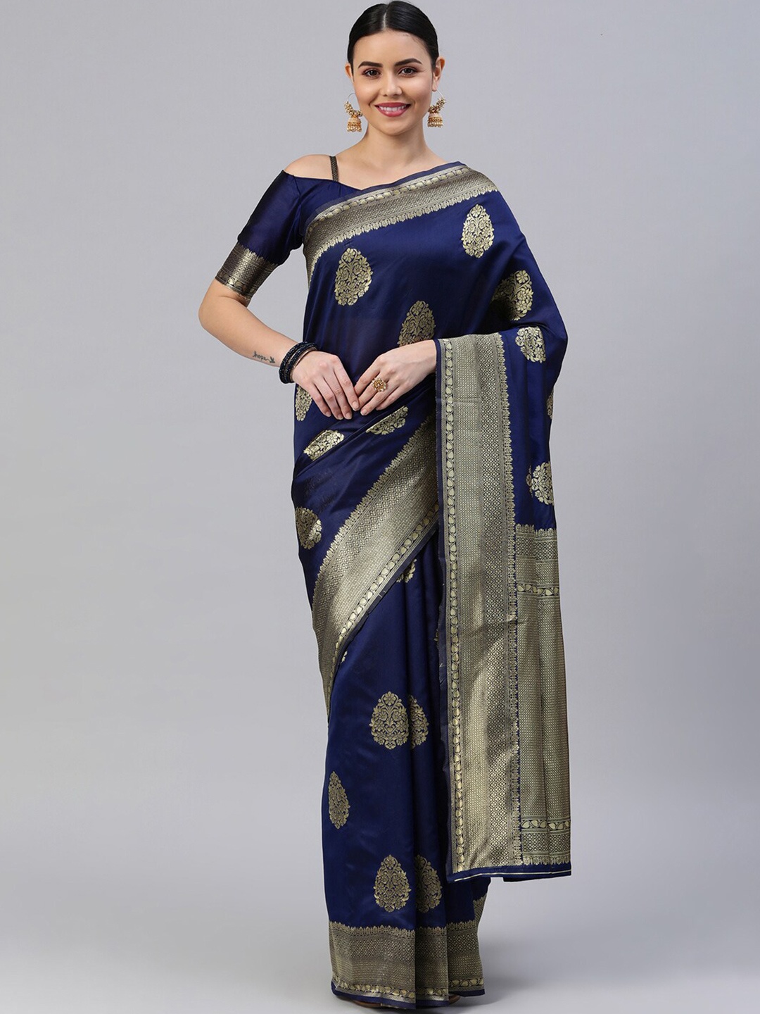 

Satrani Women Navy Blue & Gold-Toned Woven Design Zari Banarasi Saree