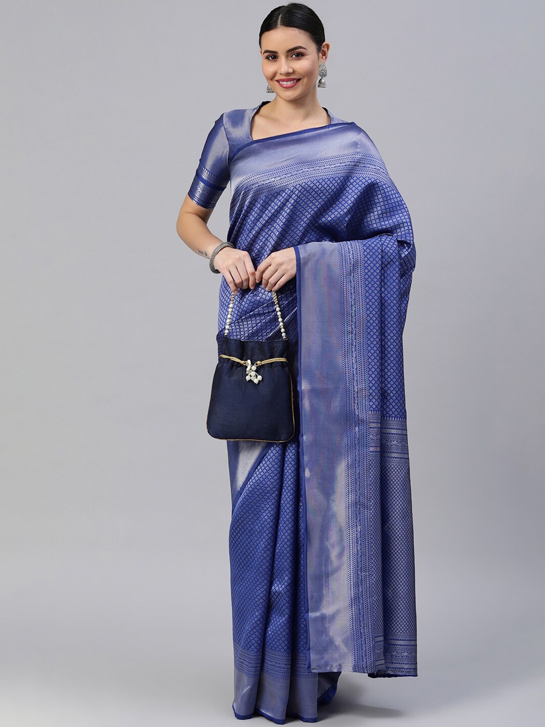 

Satrani Blue & Gold-Toned Woven Design Zari Banarasi Saree