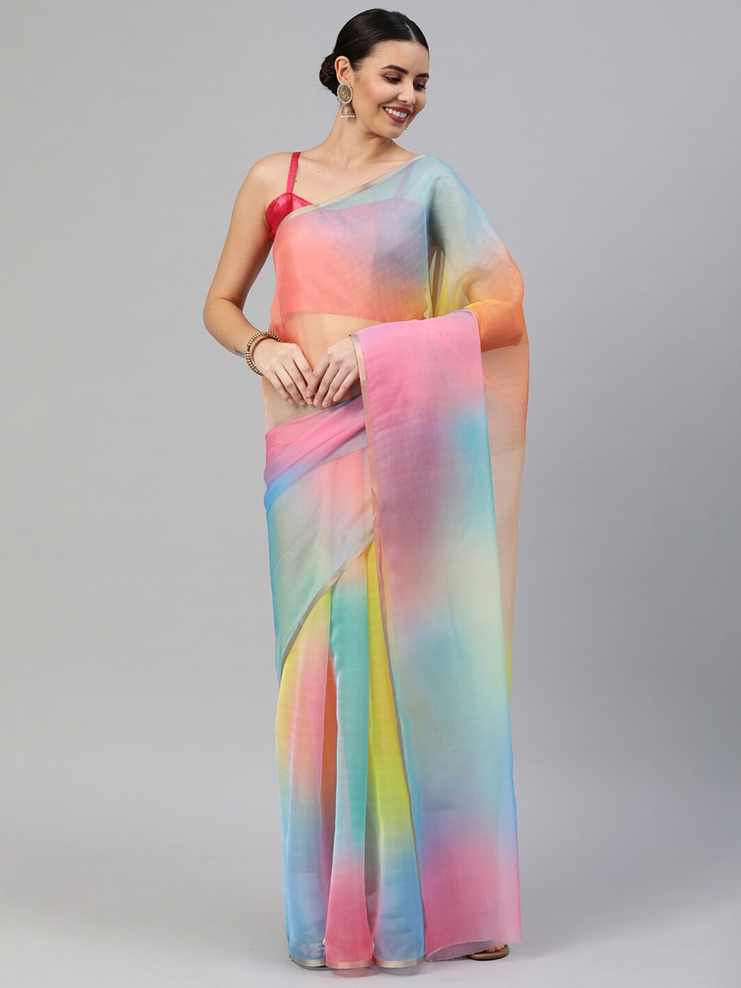 

Satrani Pink & Blue Organza Saree