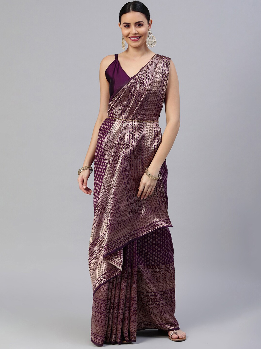 

Satrani Purple & Gold-Toned Woven Design Zari Banarasi Saree