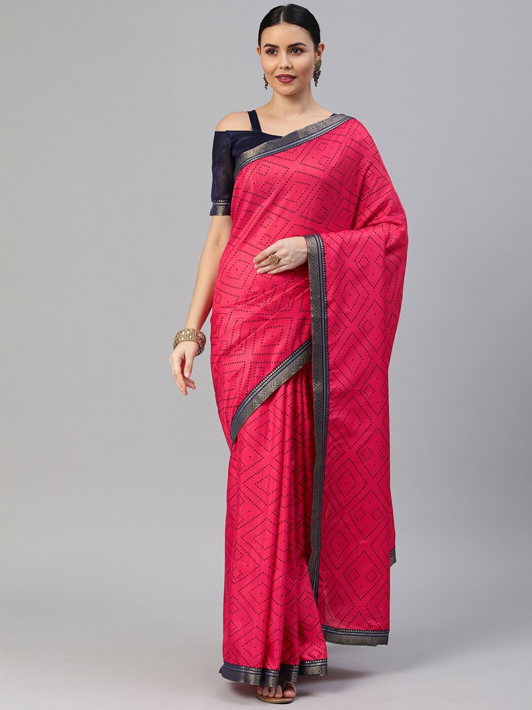 

Satrani Pink & Blue Poly Silk Bandhani Saree