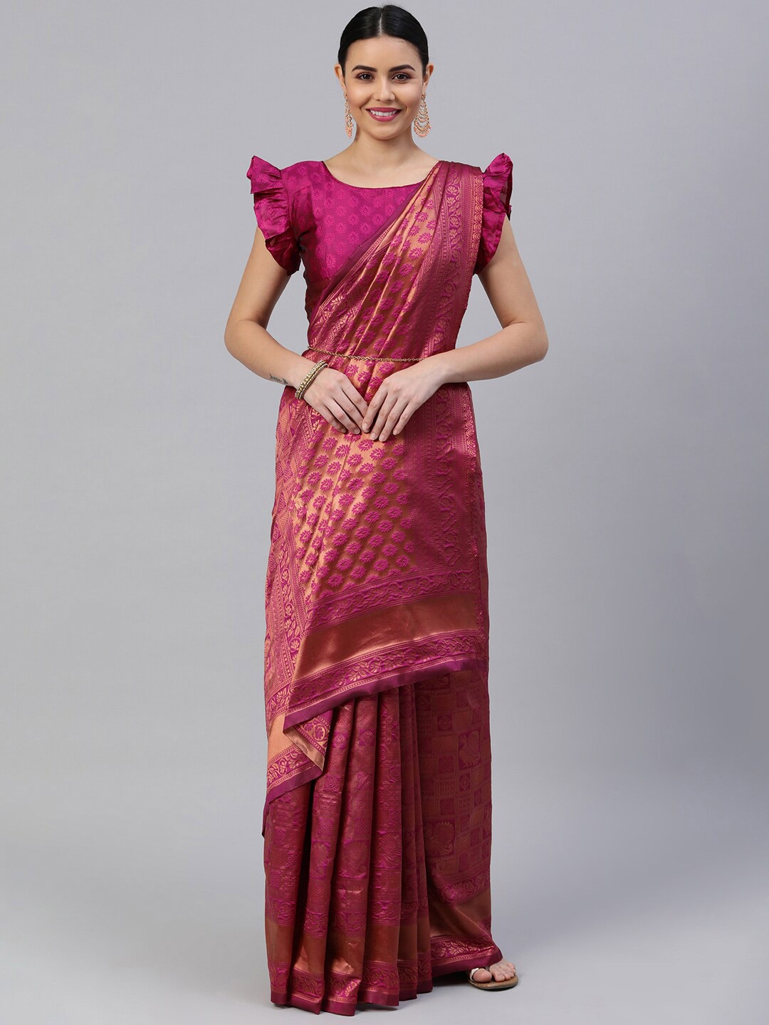 

Satrani Magenta & Gold-Toned Floral Zari Banarasi Saree
