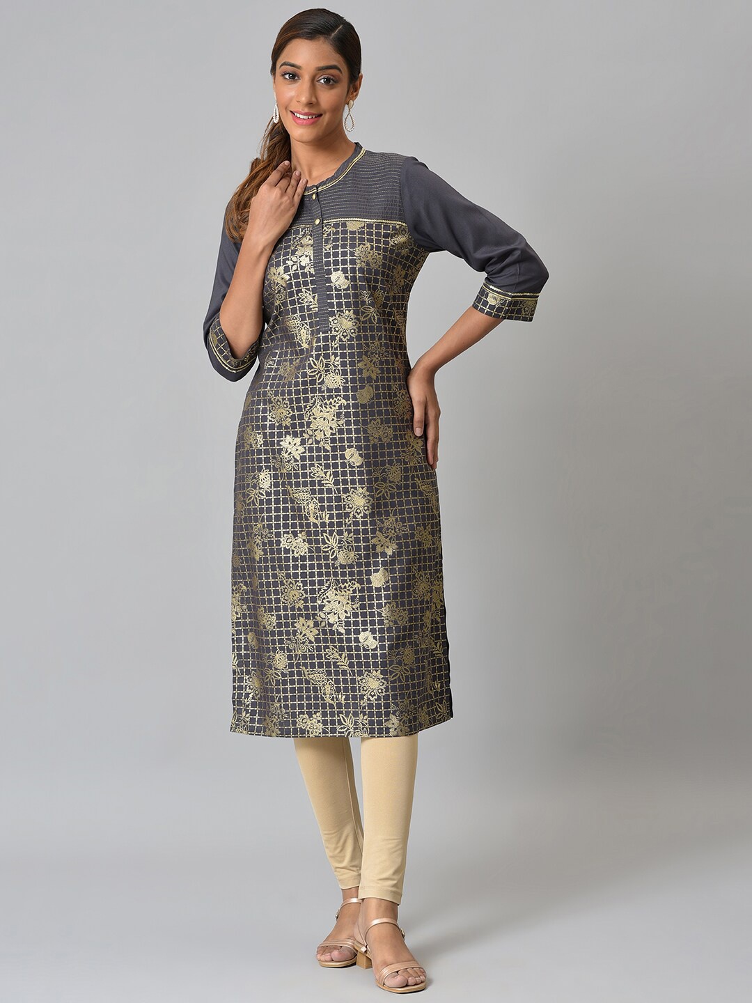 

AURELIA Printed Button Down Liva Kurta, Grey