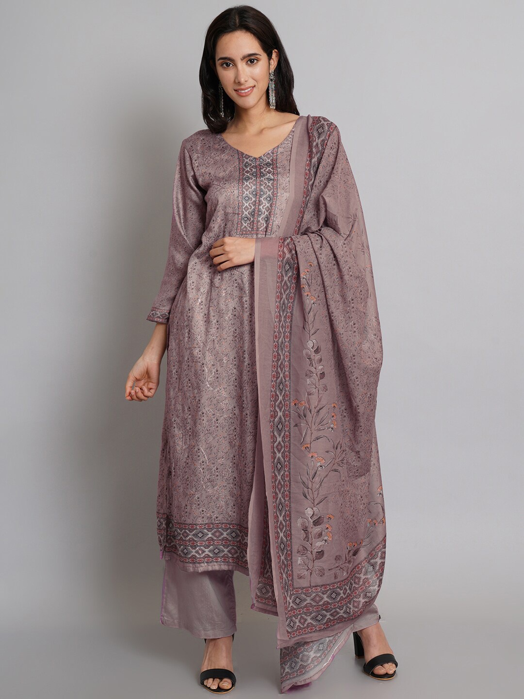 

Stylee LIFESTYLE Brown & Grey Printed Unstitched Dress Material