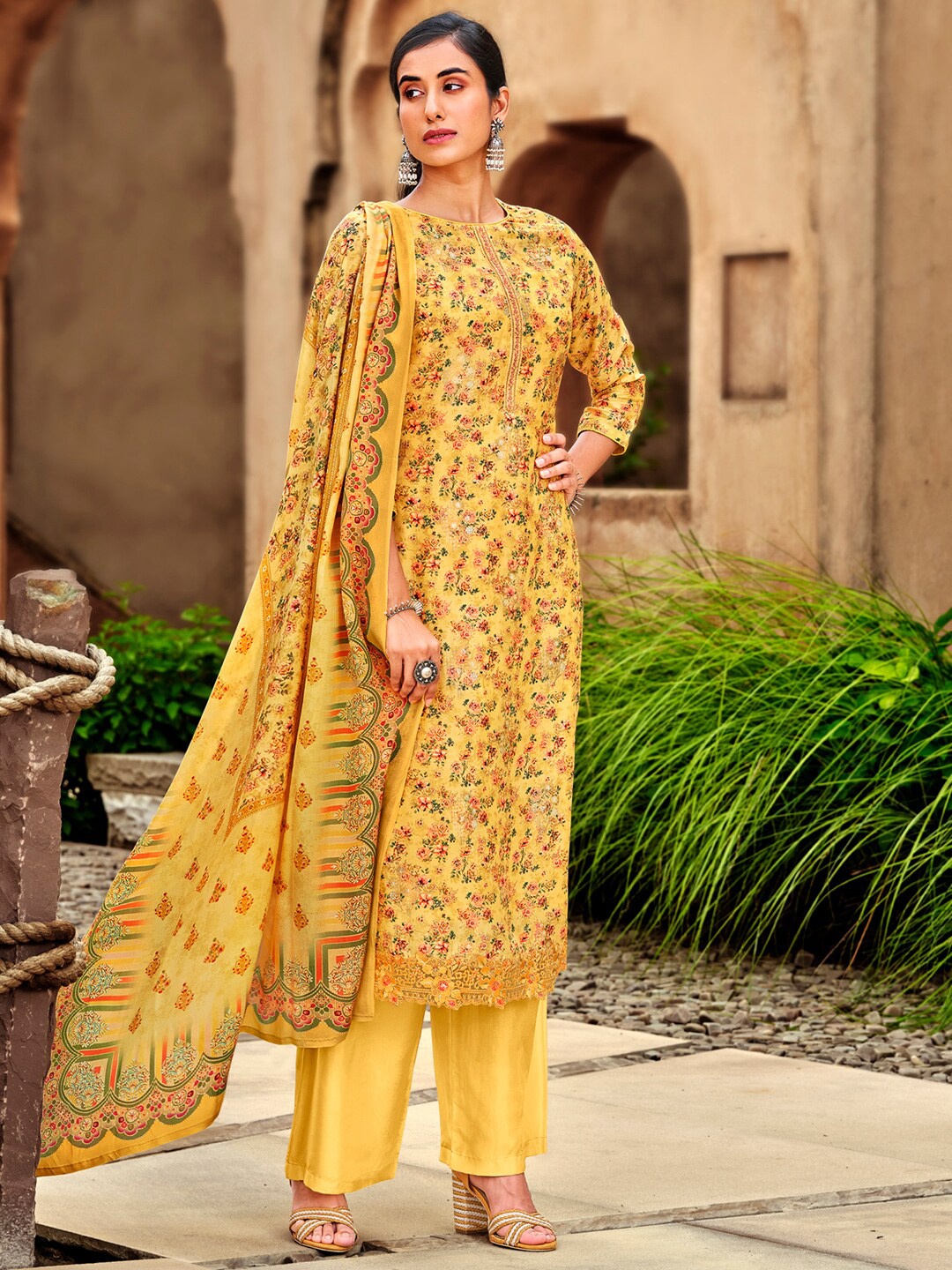 

Stylee LIFESTYLE Yellow & Pink Printed Pure Silk Unstitched Dress Material