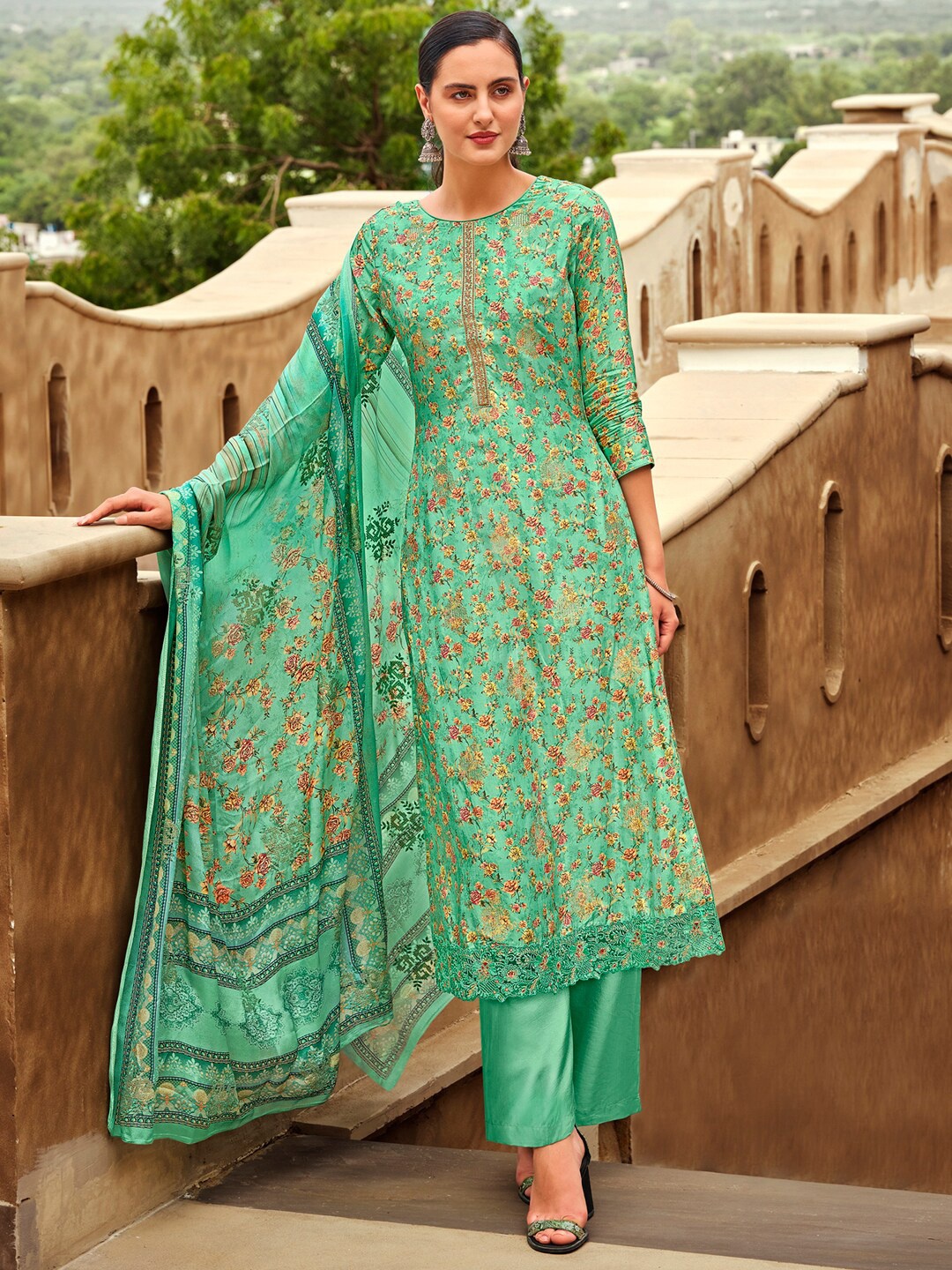 

Stylee LIFESTYLE Women Green & Orange Printed Pure Silk Unstitched Dress Material