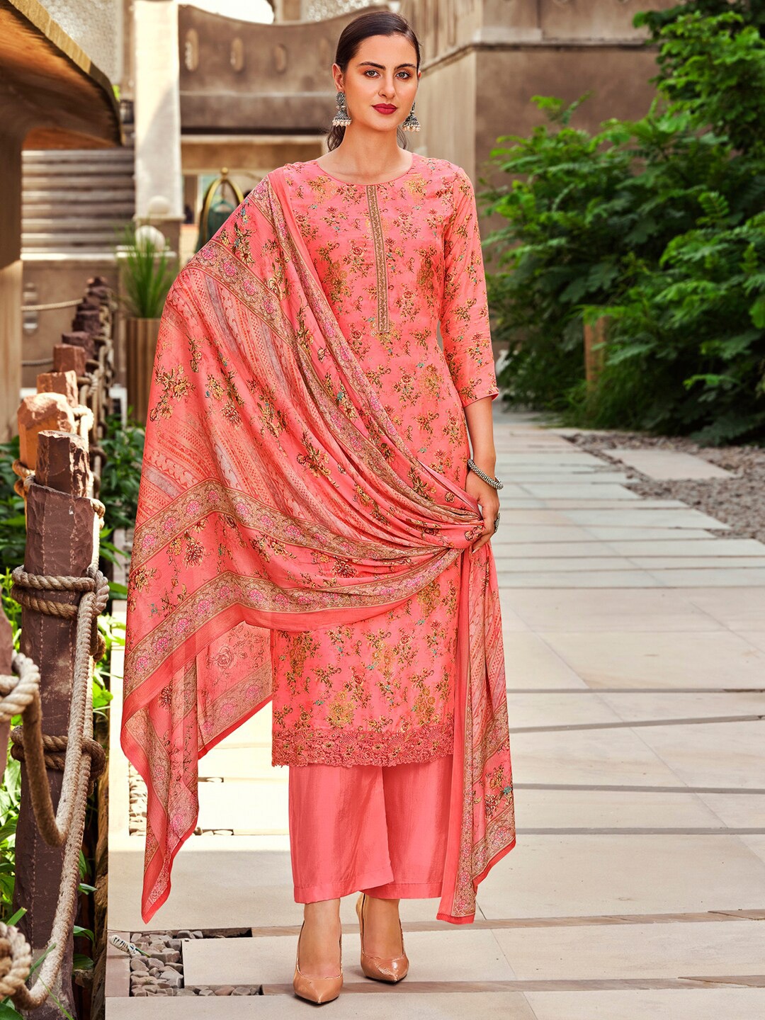 

Stylee LIFESTYLE Pink & Yellow Printed Pure Silk Unstitched Dress Material