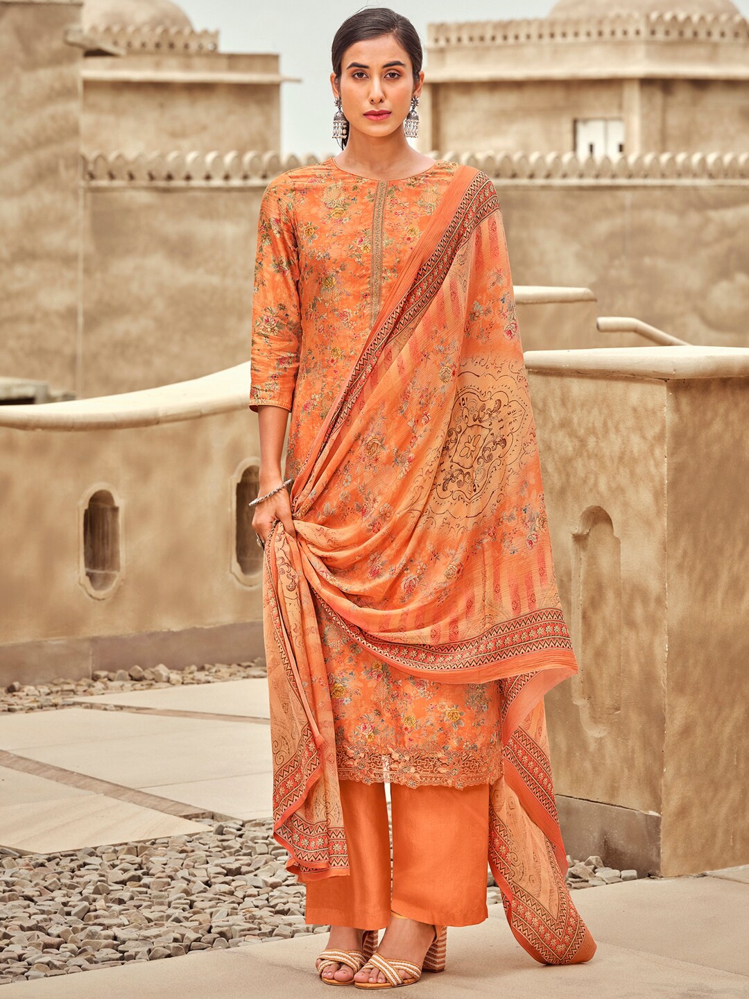 

Stylee LIFESTYLE Orange & Grey Printed Pure Silk Unstitched Dress Material