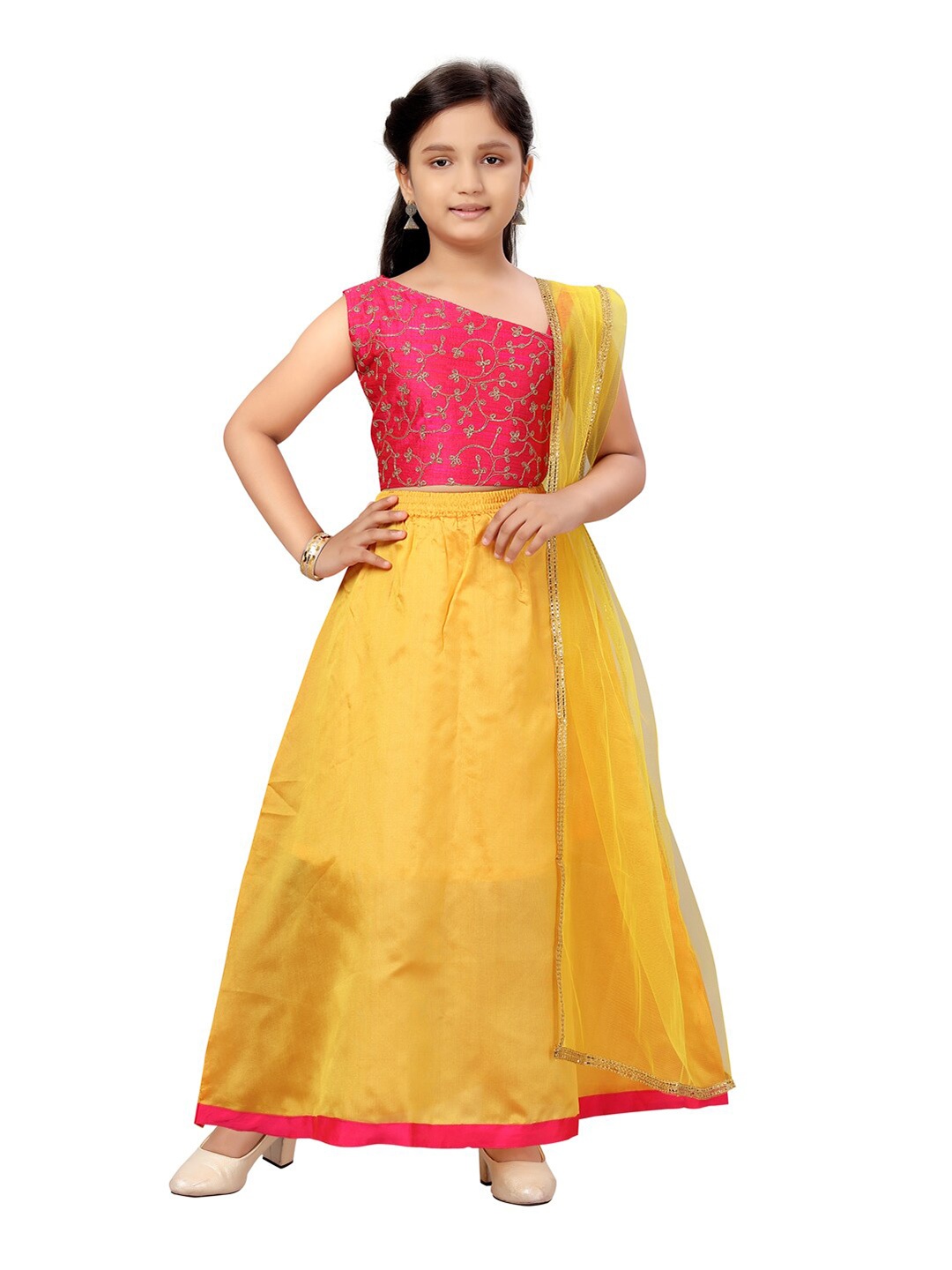 

Aarika Girls Pink & Yellow Embroidered Ready to Wear Lehenga & Blouse With Dupatta