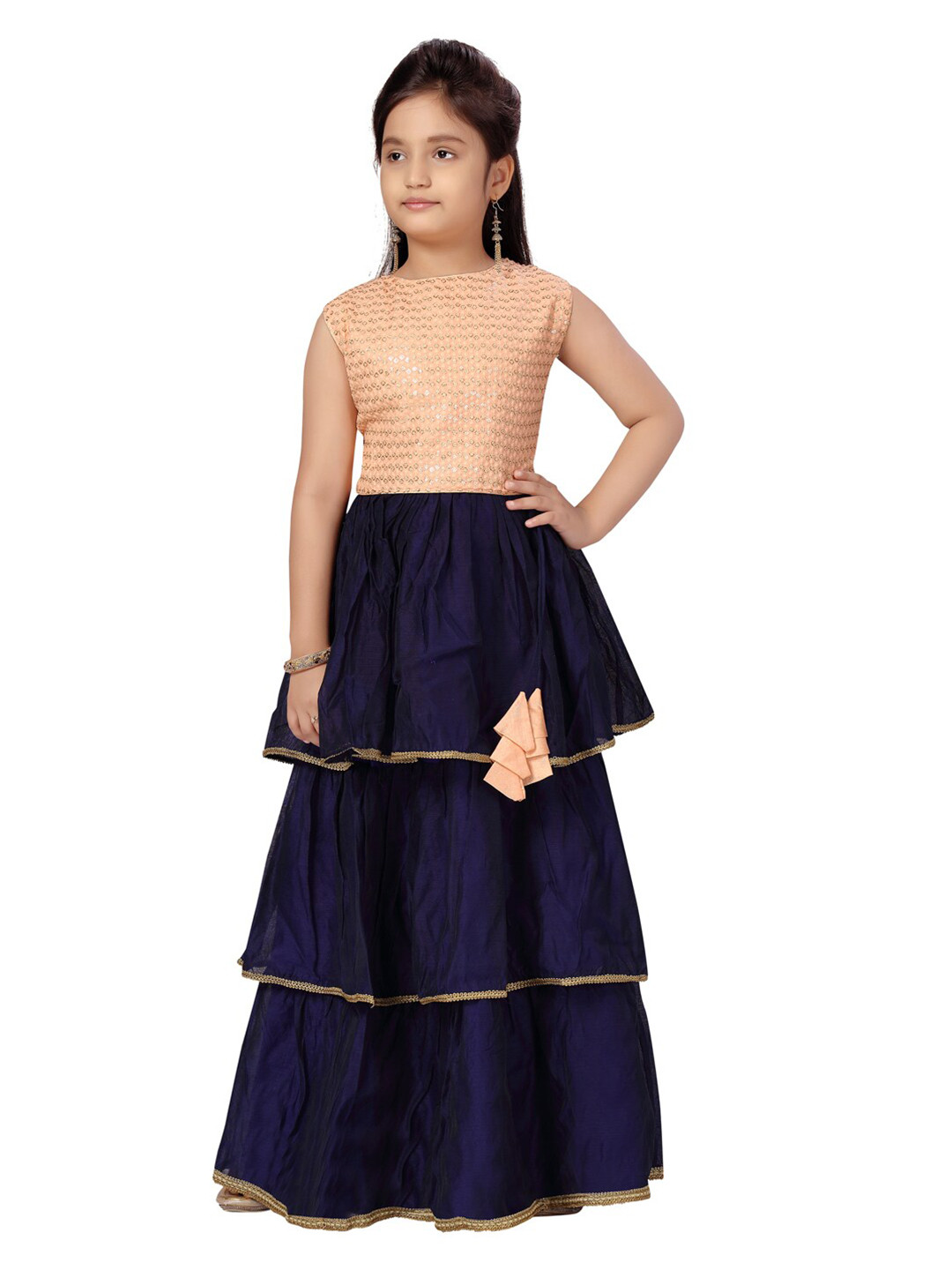 

Aarika Girls Peach-Coloured & Blue Ready to Wear Lehenga & Choli Set