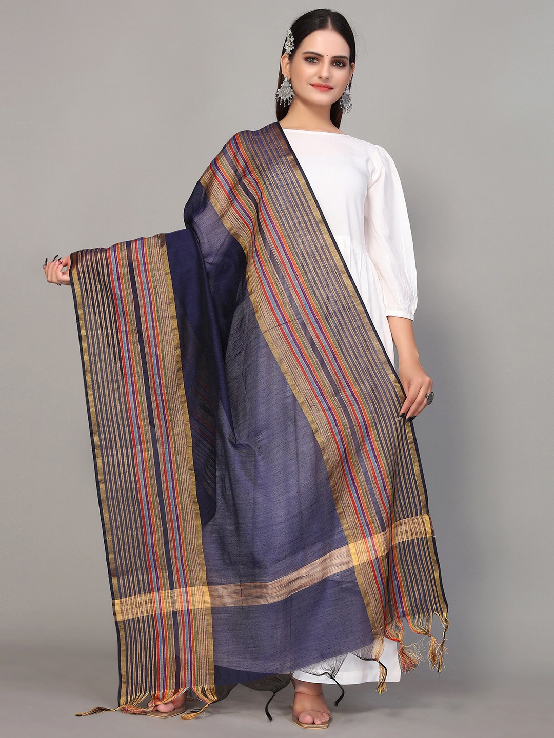 

KALINI Navy Blue & Red Woven Design Dupatta