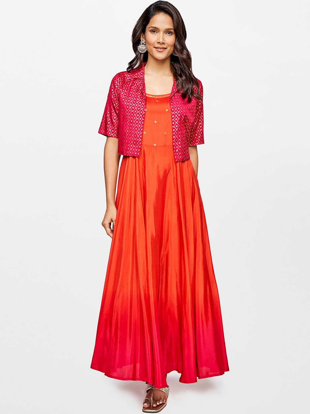 

itse Women Orange Printed Anarkali Kurta With Short Jacket