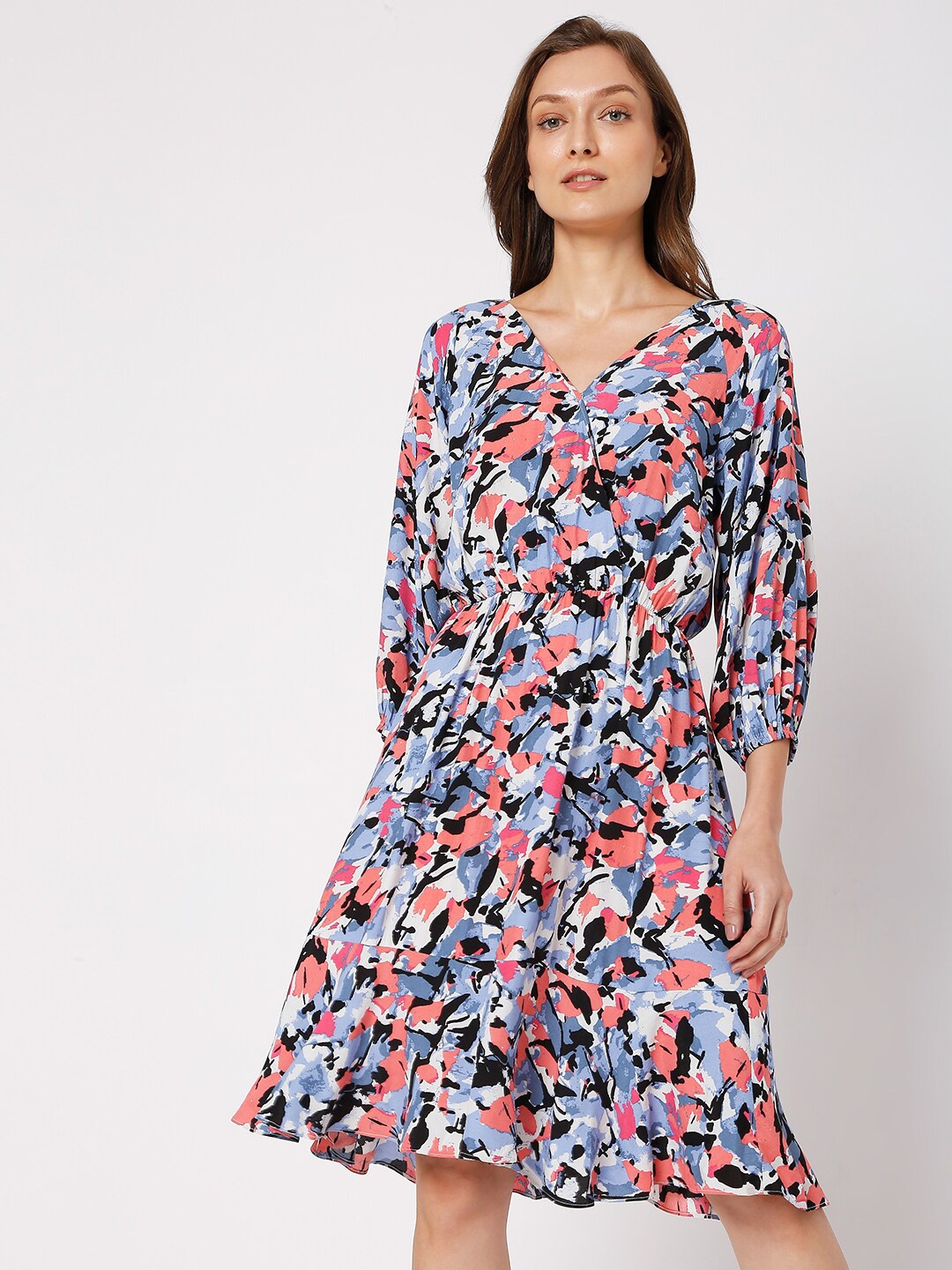

Vero Moda Blue & Peach-Coloured Abstract Printed Dress