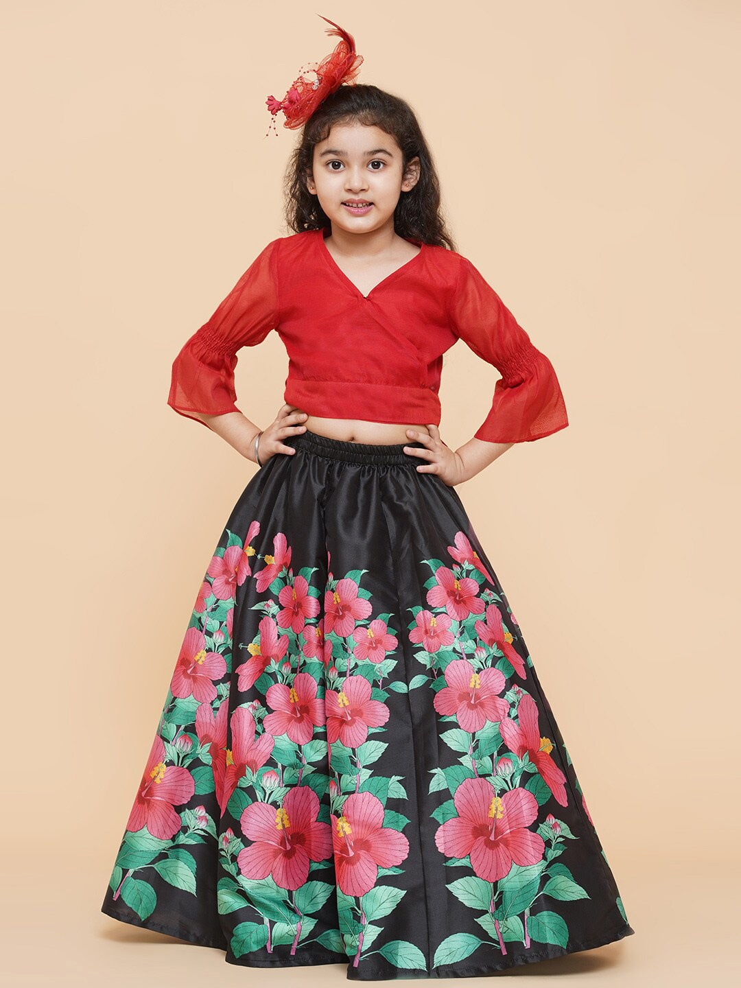 

Bitiya by Bhama Girls Red & Black Ready to Wear Lehenga &