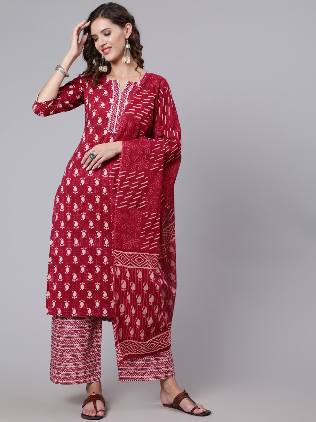 

Nayo Women Ethnic Motifs Printed Pure Cotton Kurta With Palazzo And Dupatta, Burgundy
