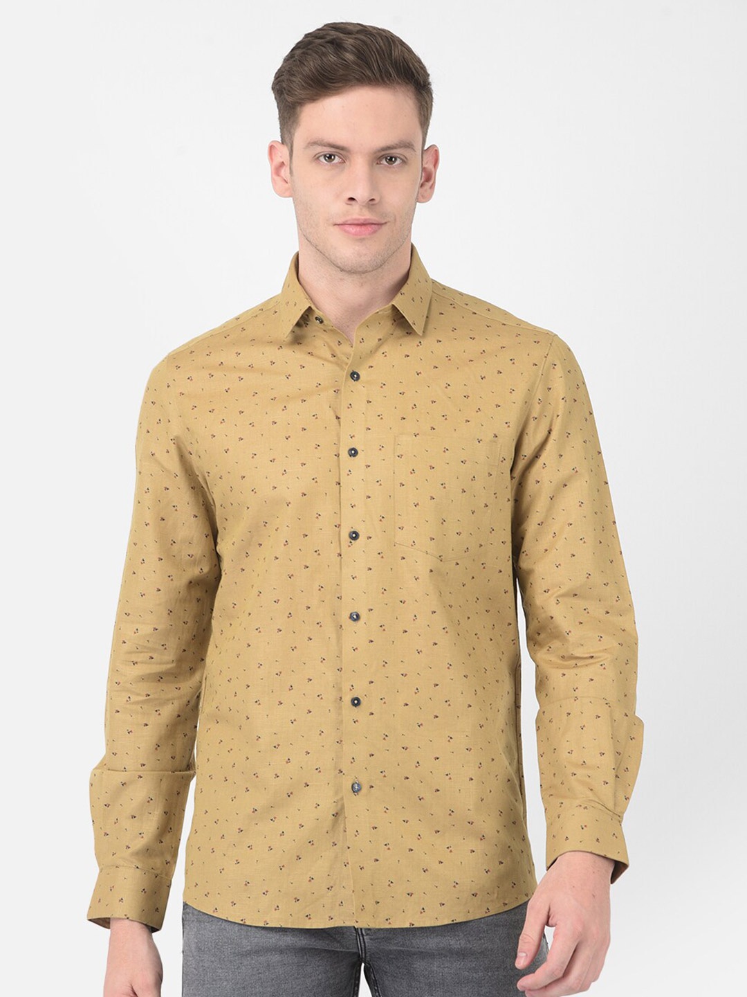 

Turtle Men Khaki Slim Fit Printed Cotton Linen Casual Shirt