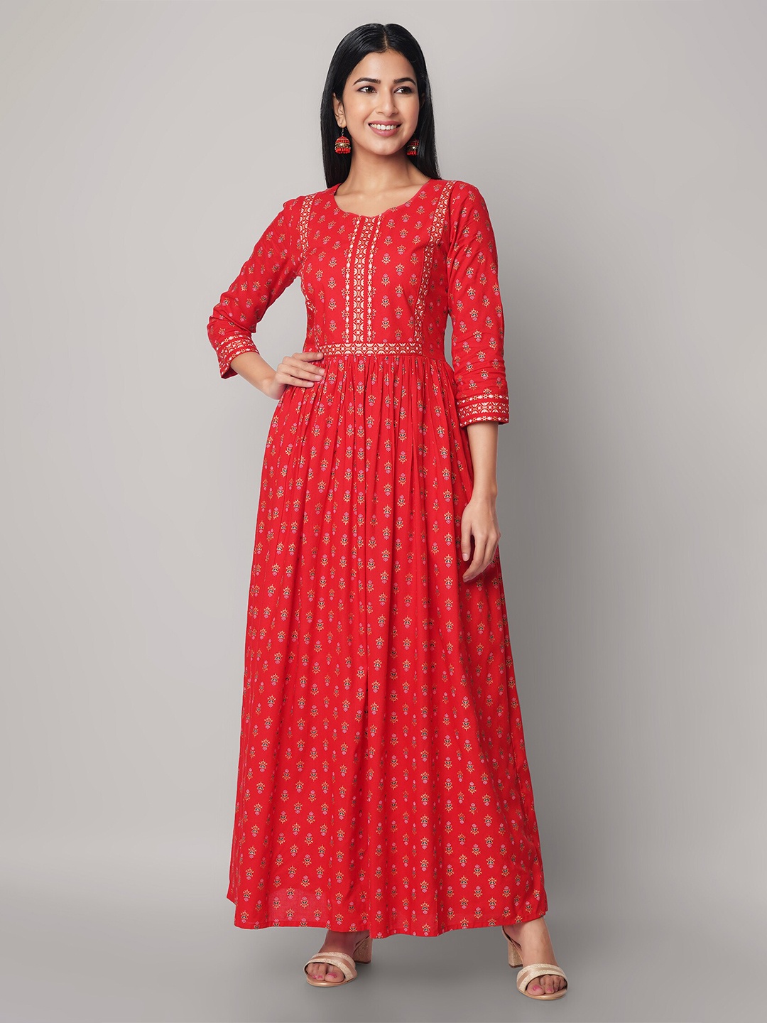 

God Bless Red Ethnic Motifs Maxi Dress