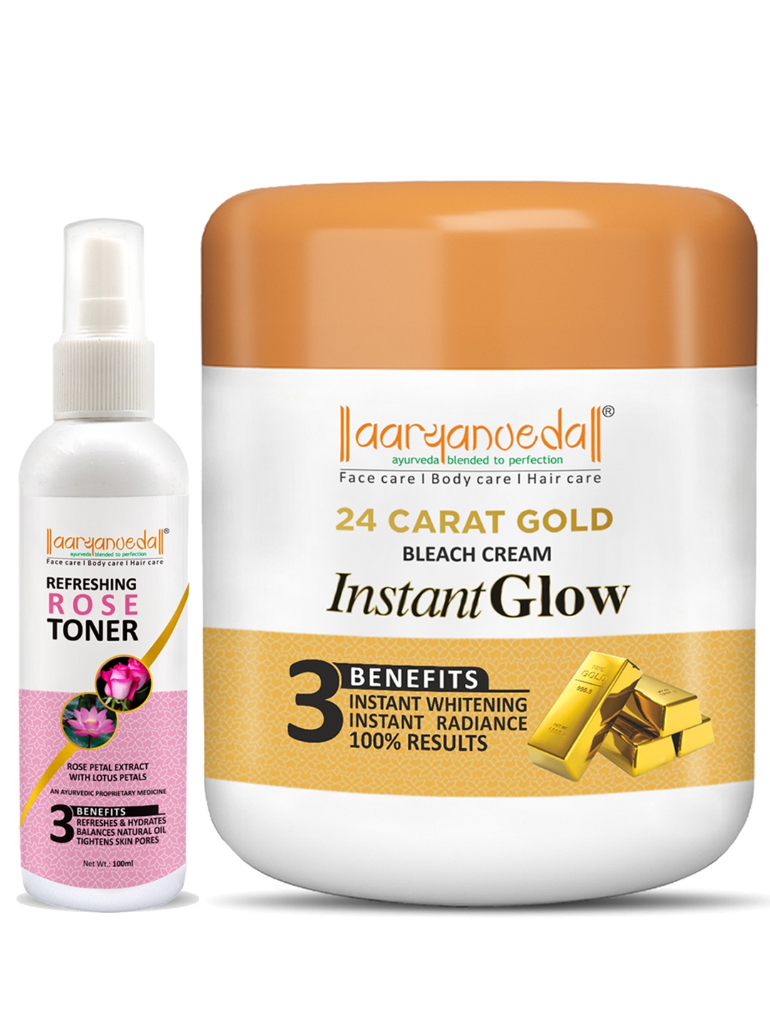 

Aryanveda Set Of 24 Carat Gold Bleach Cream 450g & Rose Face Toner 100ml, Beige