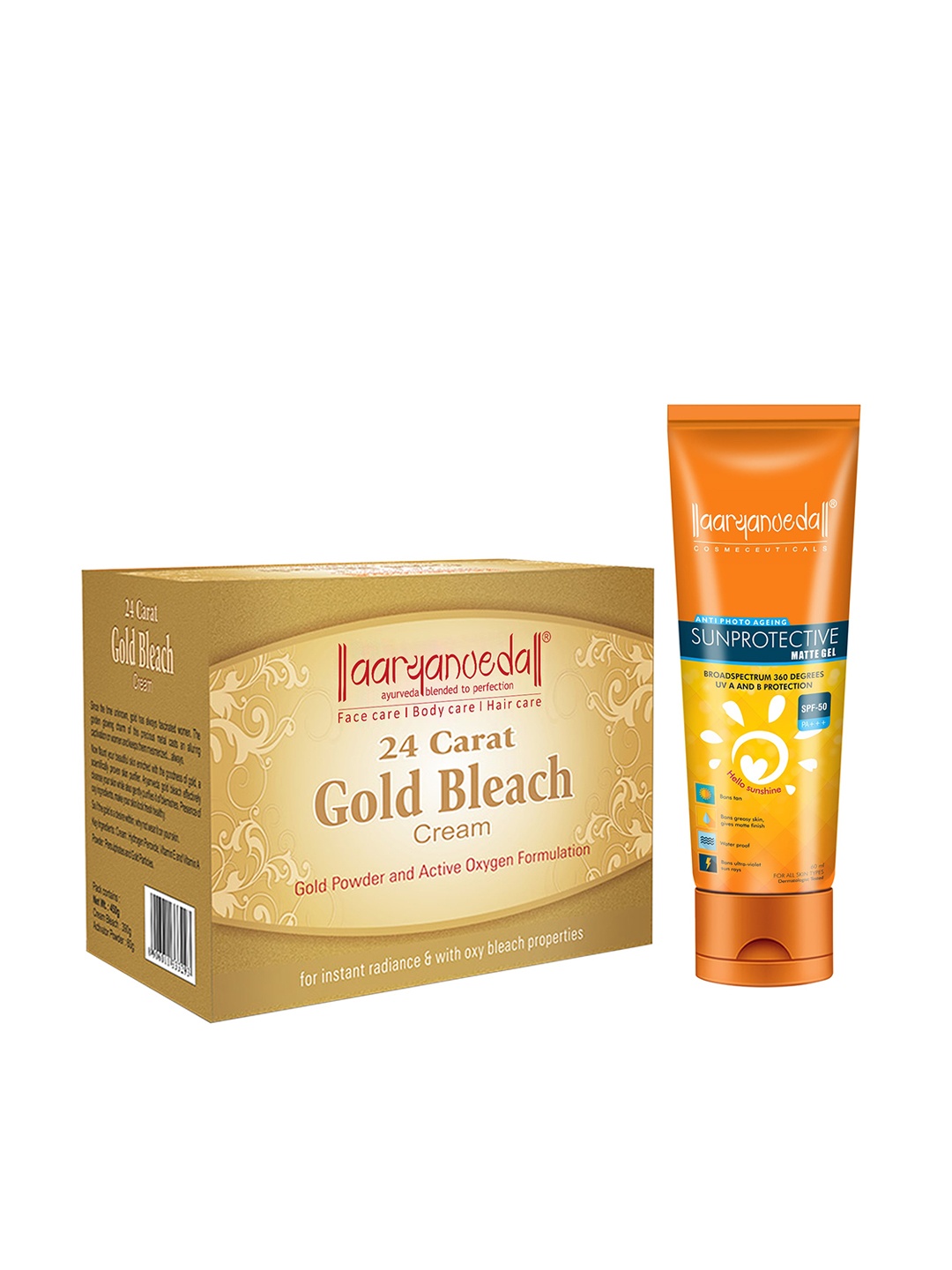 

Aryanveda Set Of 24 Carat Gold Bleach Cream & Sunprotective Matte Gel SPF 50 (450gm+60gm), White