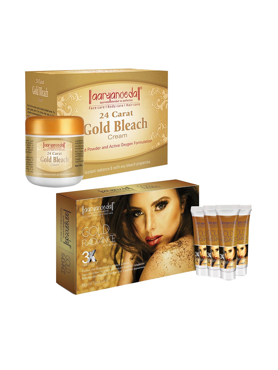 

Aryanveda Pack of 2 24 Carat Gold Bleach Cream 450g & Gold Radiance Home Spa Line 55g, Multi
