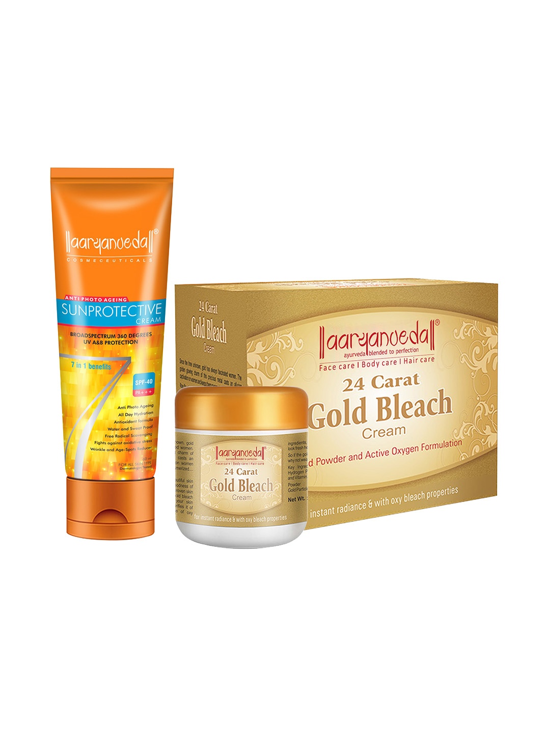 

Aryanveda Pack of 2 24 Carat Gold Bleach Cream 450g & SPF 40 PA+++ Sunprotective Cream 60g, Multi