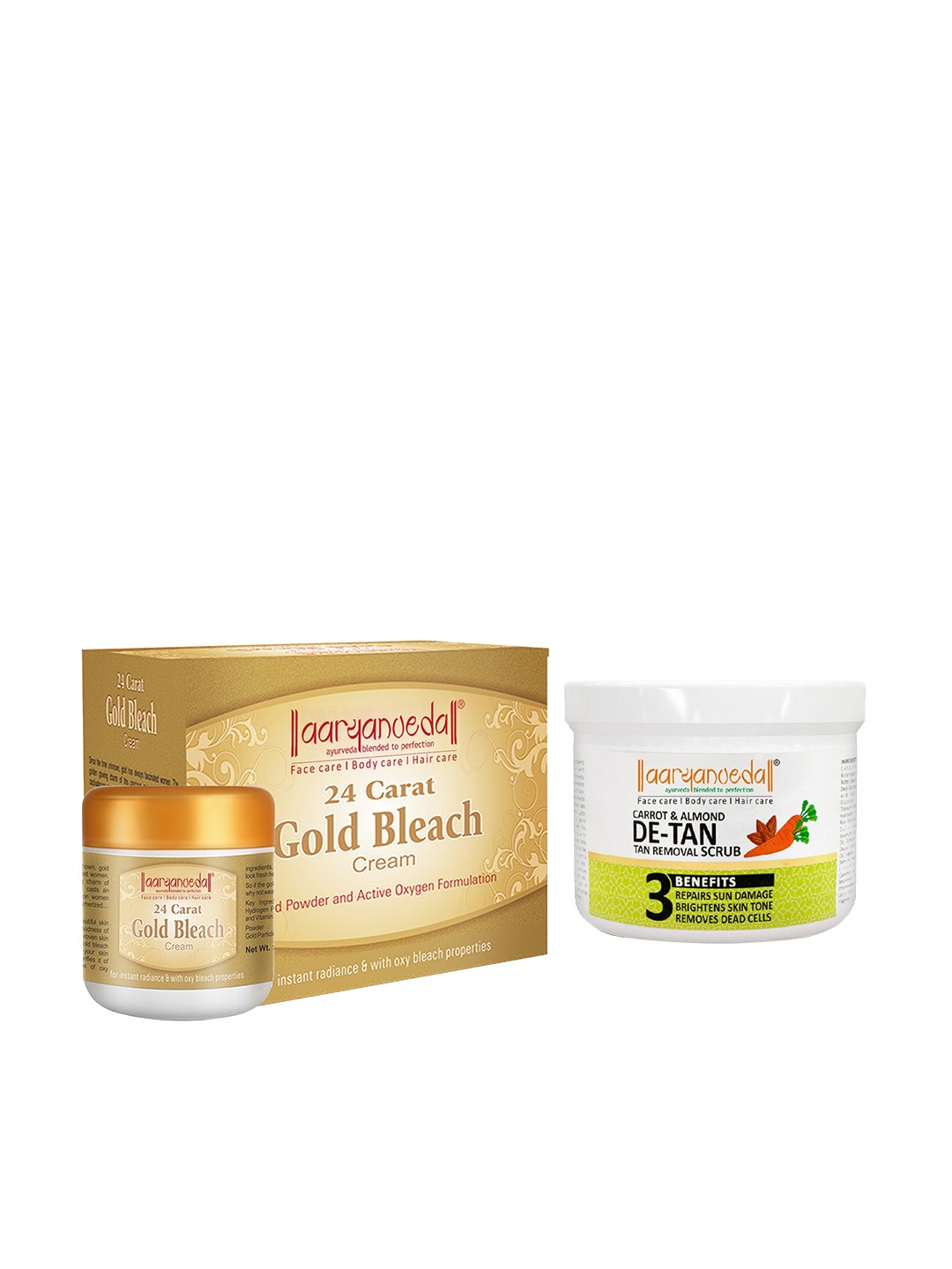 

Aryanveda Set Of 2 24 Carat Gold Bleach Cream 450g & Carrot Almond Detan Face Scrub 200g, Multi