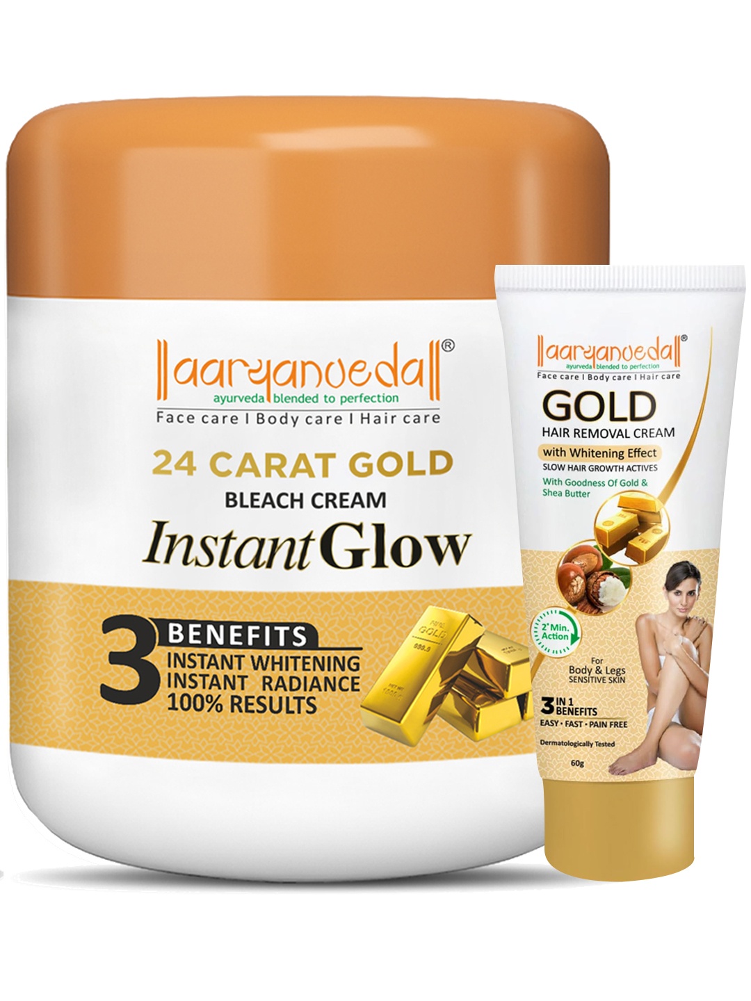 

Aryanveda Set Of 24 Carat Gold Bleach Cream 450g & Gold Hair Removal Cream 40gm, Beige