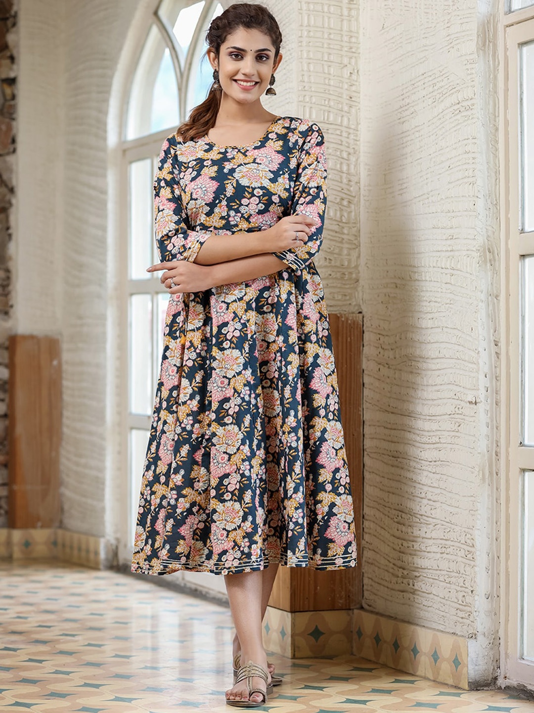 

KAAJH Women Navy Blue Printed Fared Midi Ethnic Pure Cotton Dresses