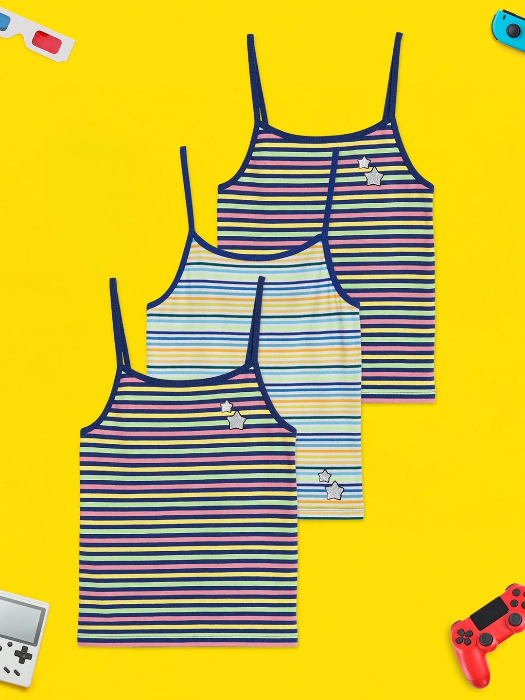 

XY Life Girls Pack of 3 Arcade Colorful Tencel Modal Spaghetti Camisoles, Blue