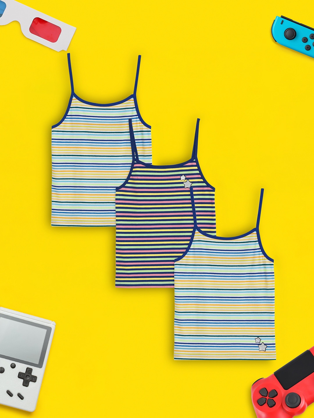 

XY Life Girls Pack Of 3 Arcade Colorful Tencel Modal Spaghetti Camisoles, Blue