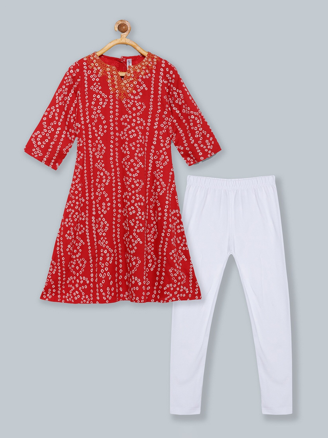 

KiddoPanti Girls Red and White Bandhani Printed Rayon Kurta and Leggings