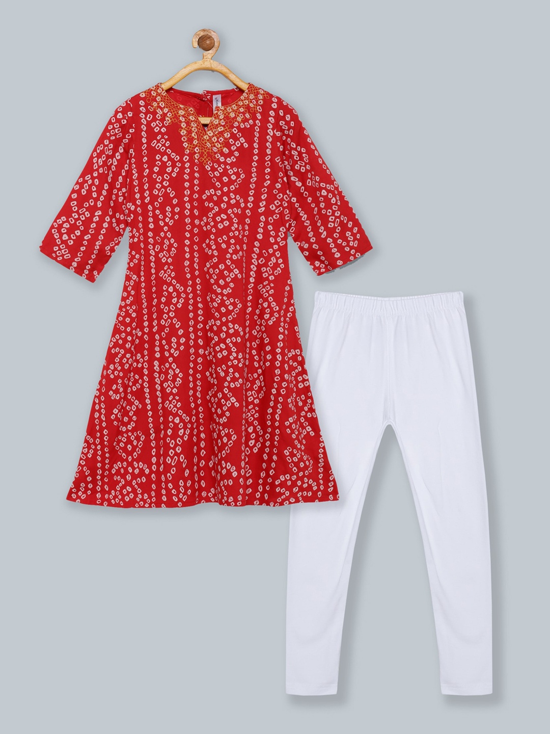 

KiddoPanti Girls Red and White Bandhani Printed Rayon Kurta and Leggings