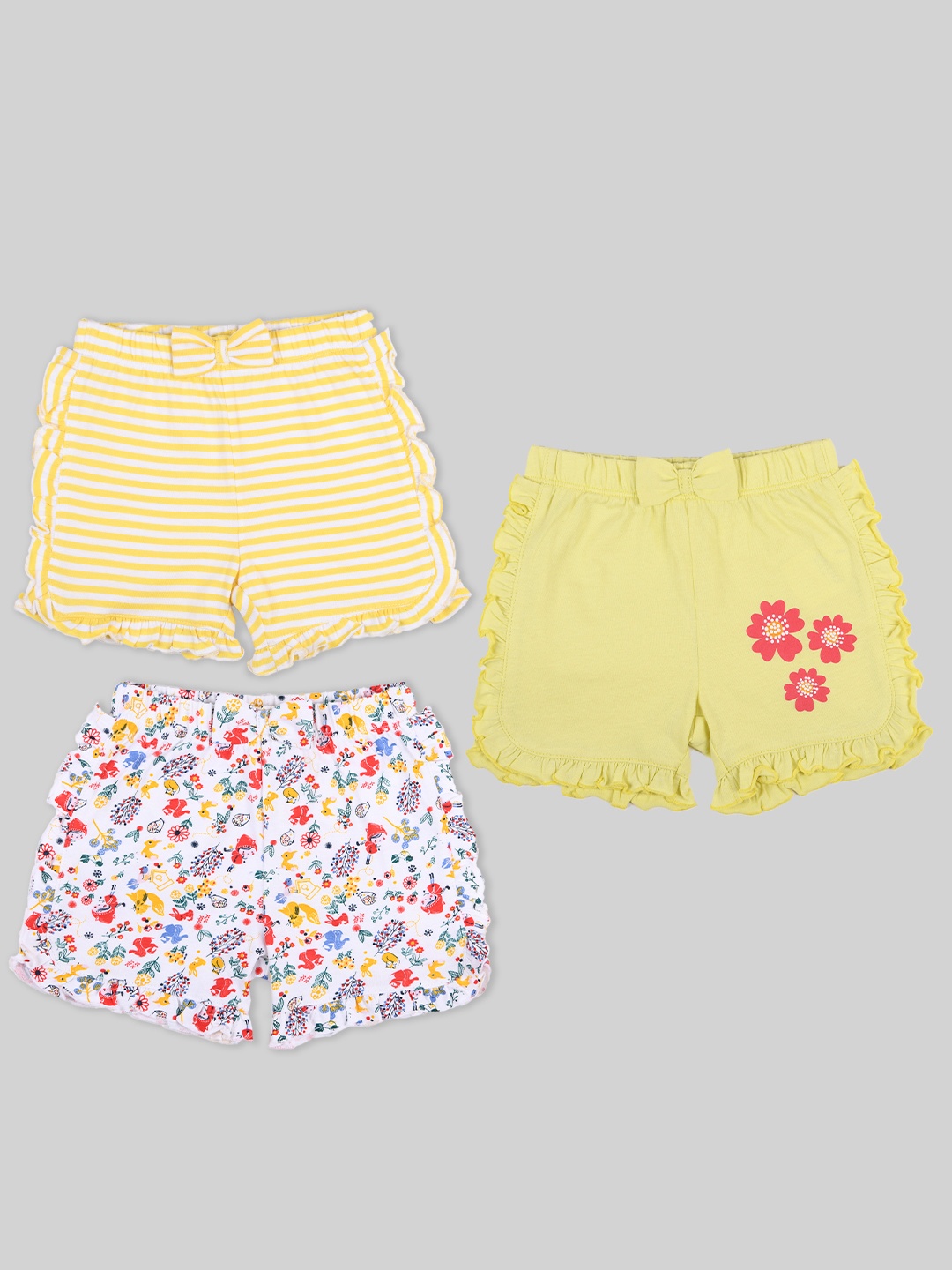 Zalio Girls Pack Of 3 Floral Printed Pure Cotton Shorts, Yellow