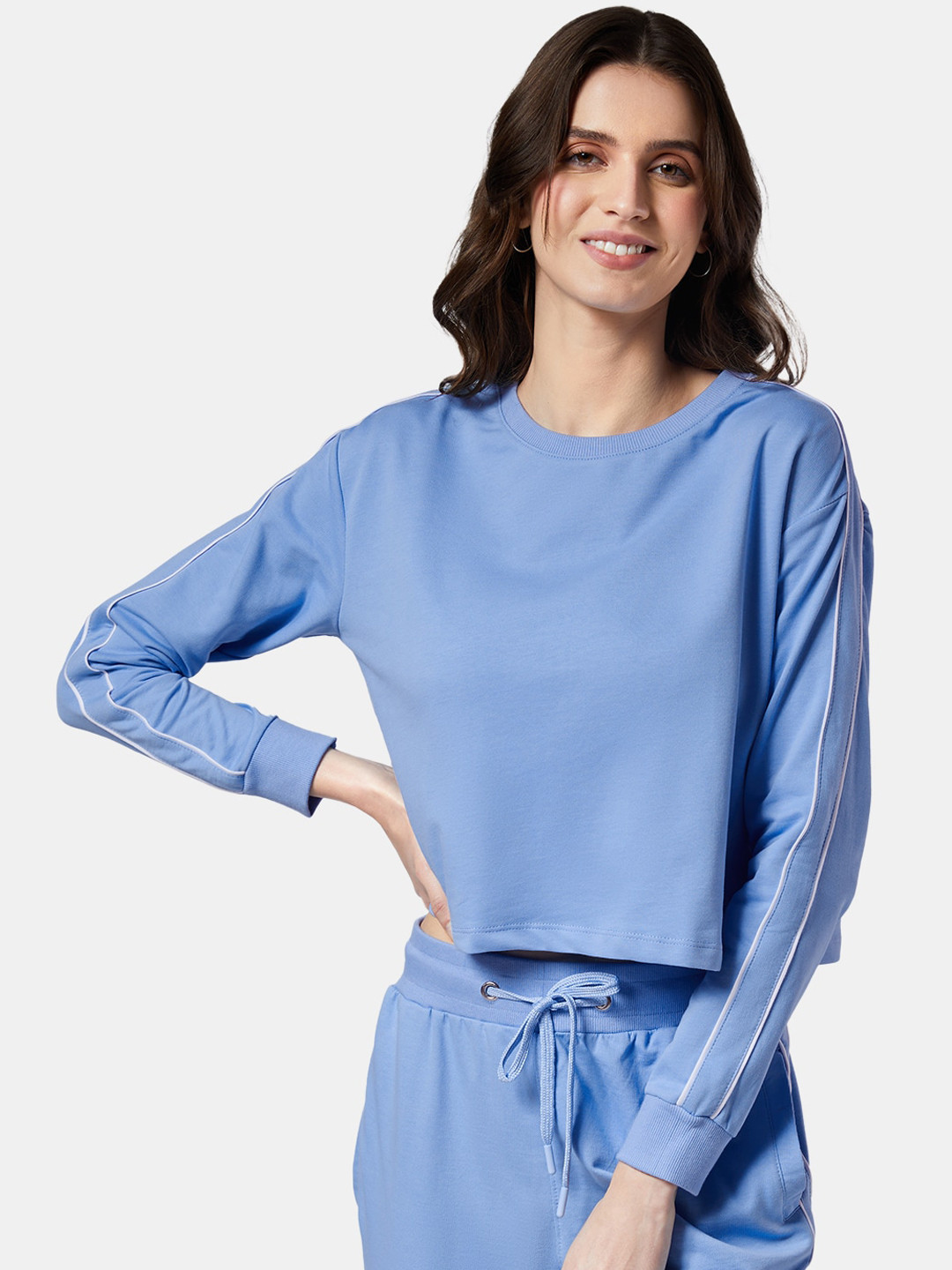 

The Souled Store Women Blue Solid Pure Cotton Top & Jogger Co-Ords