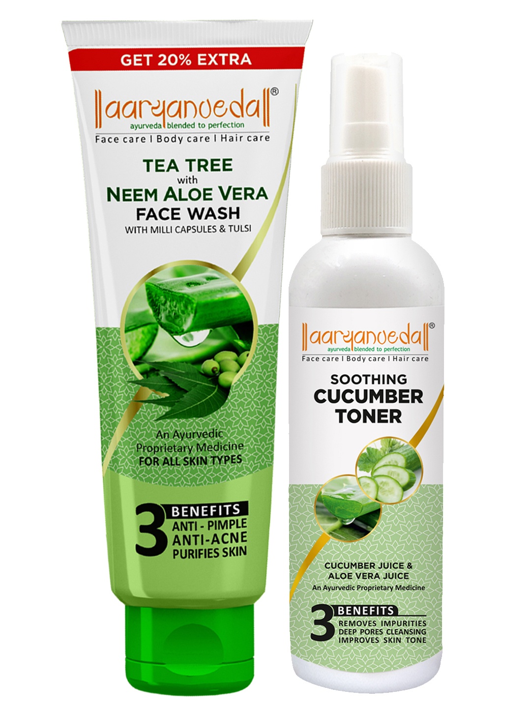 

Aryanveda Tea Tree Face Wash With Aloe Vera Extracts 120ml & Soothing Cucumber Toner 100ml, Multi