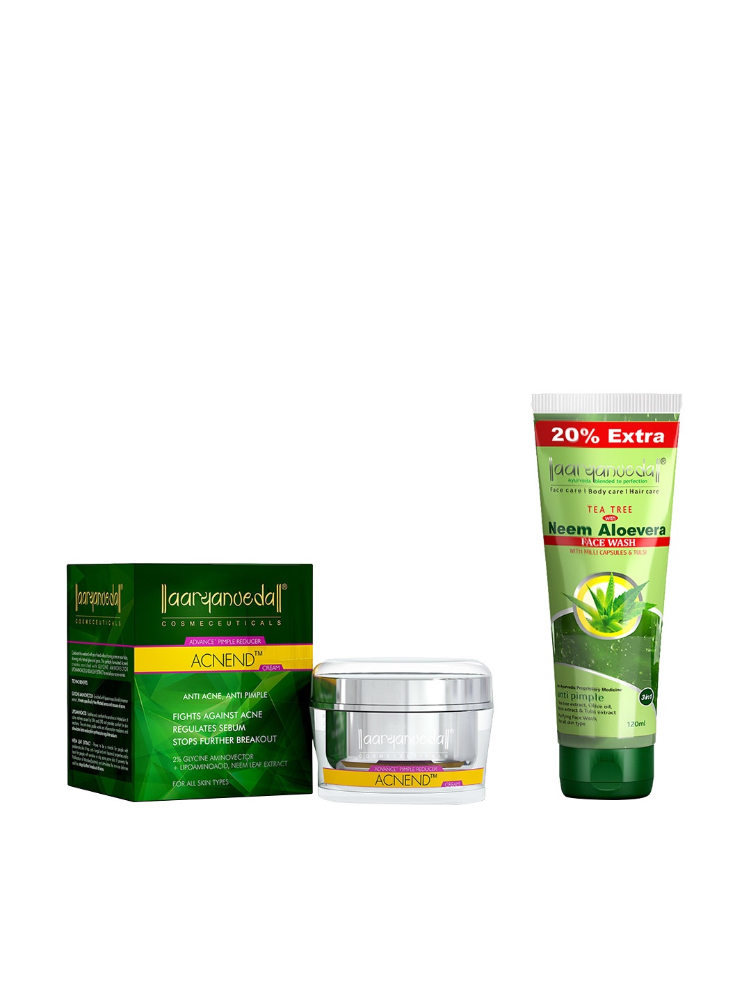 

Aryanveda Pack of 2 Acnend Anti Acne Cream 50g & Tea Tree Neem Aloe Face Wash 120ml, Multi