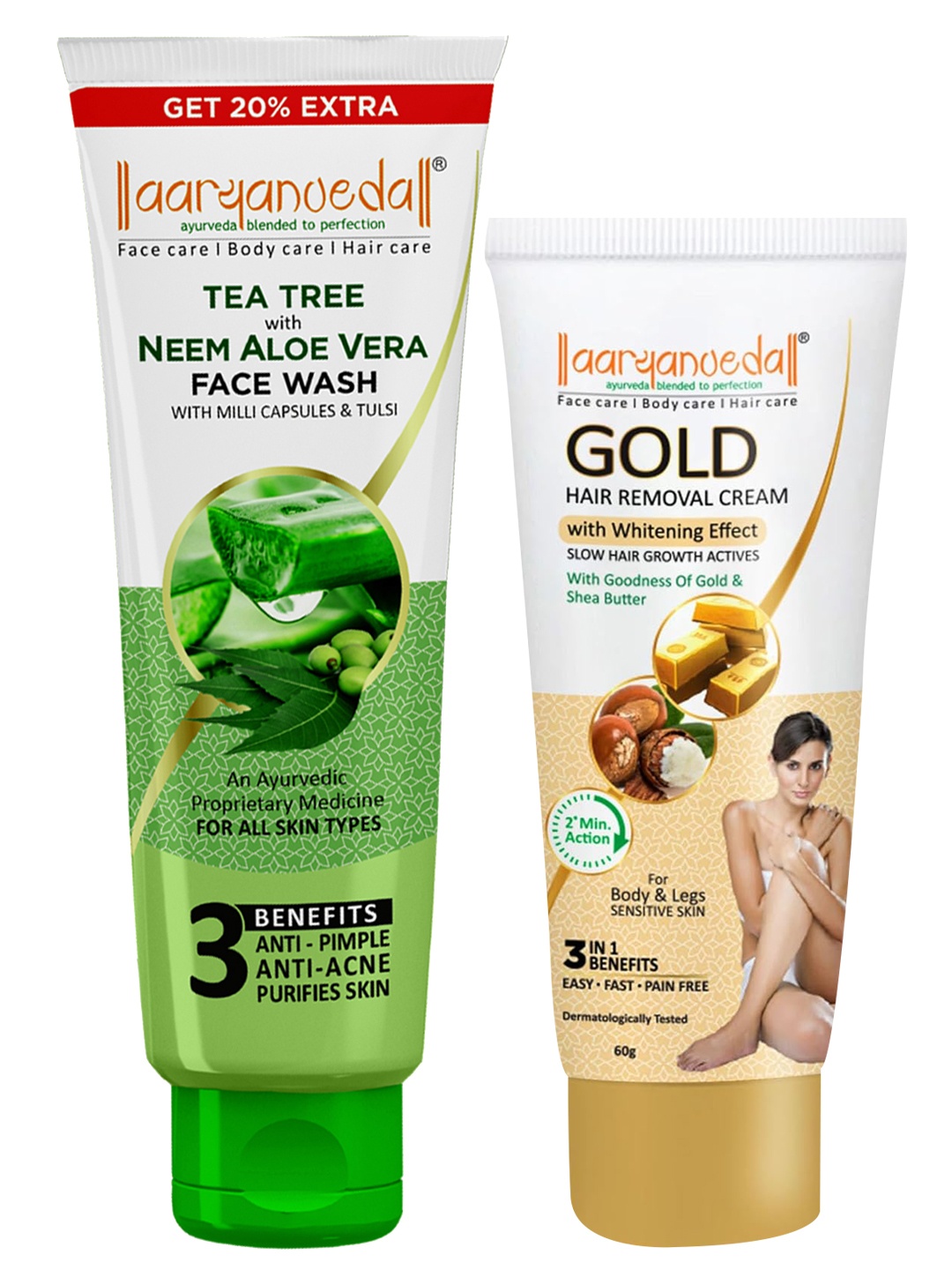 

Aryanveda Tea Tree Face Wash With Aloe vera Extracts 120ml & Gold Hair Removal Cream 60 g, Multi