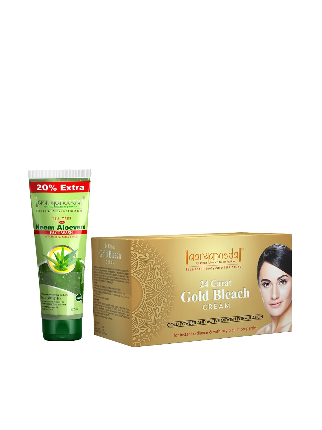 

Aryanveda Set Of 2 Tea Tree Face Wash 120ml & 24 Carat Gold Bleach 250g, Multi