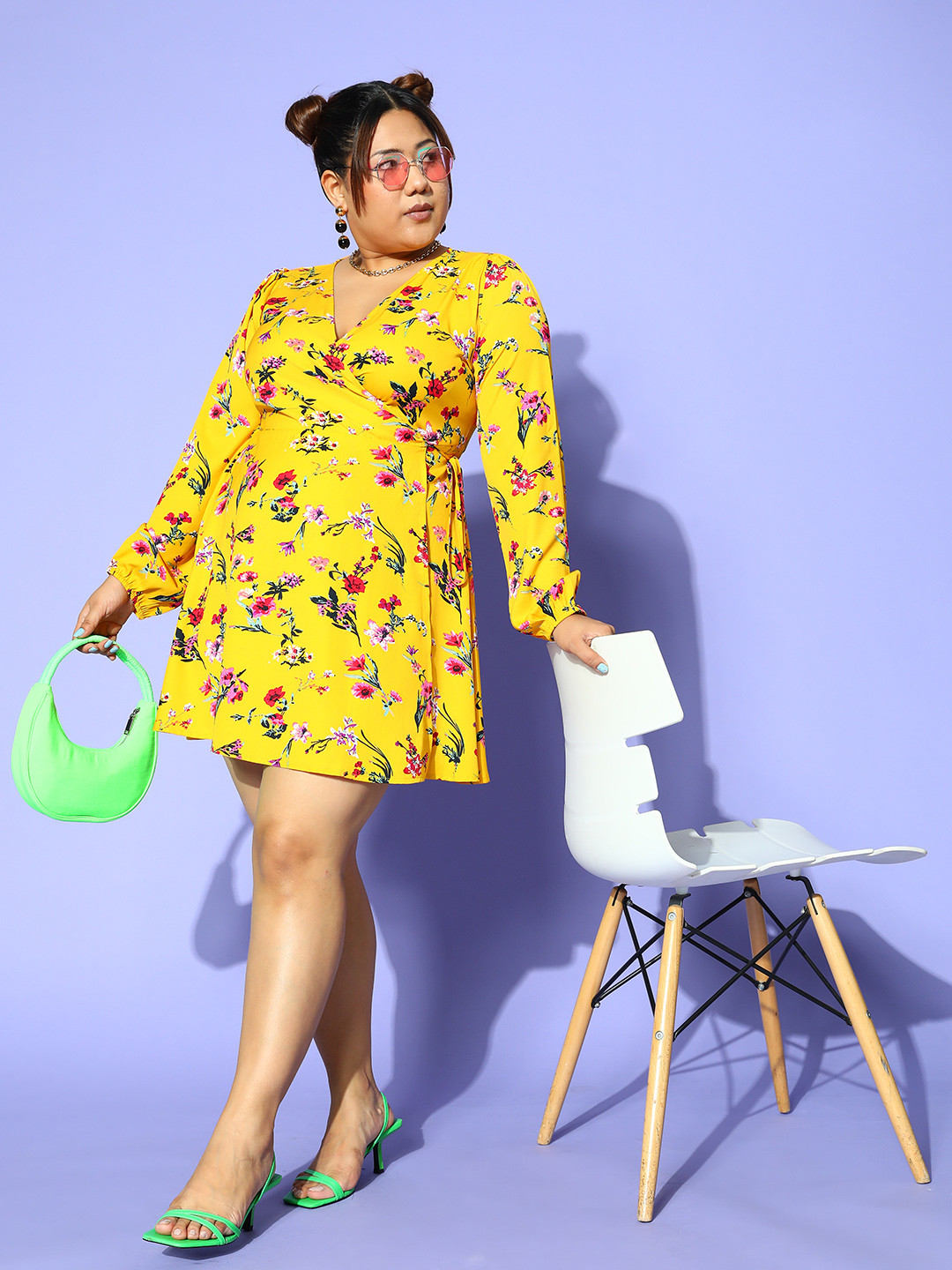 

Berrylush Curve Women Yellow Floral Wrap It Up Dress
