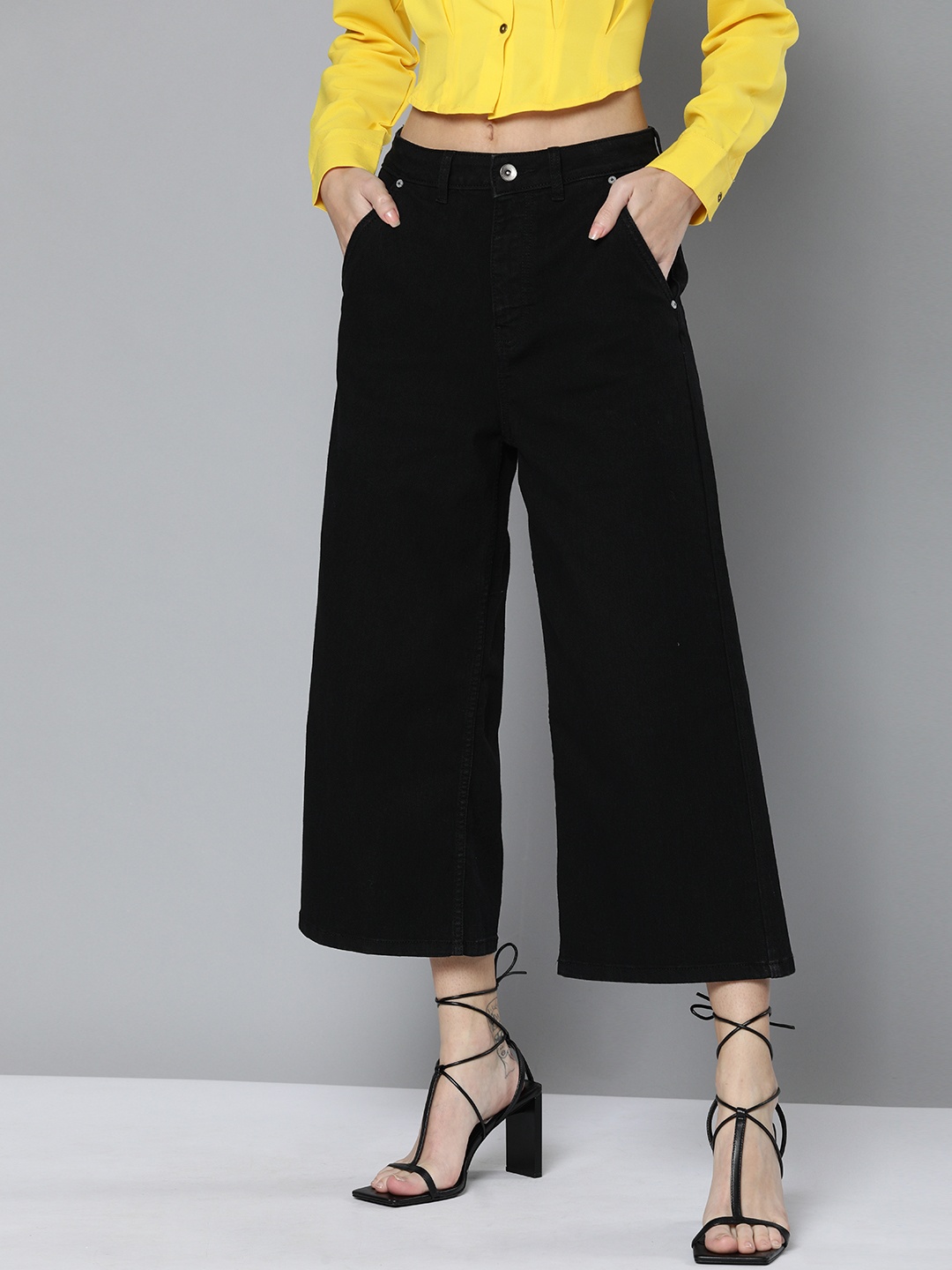 

Flying Machine Women Wide Leg High-Rise Clean Look Stretchable Jeans, Black