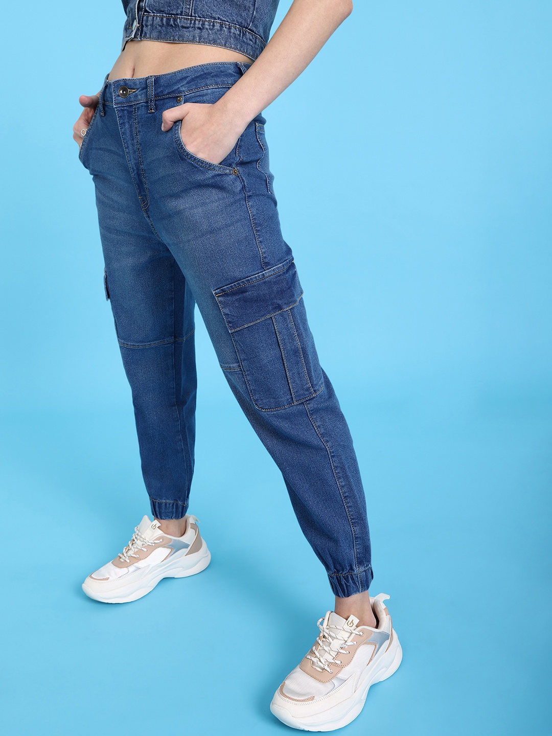 

Flying Machine Women Blue Jogger High-Rise Light Fade Cuffed Hem Stretchable Jeans