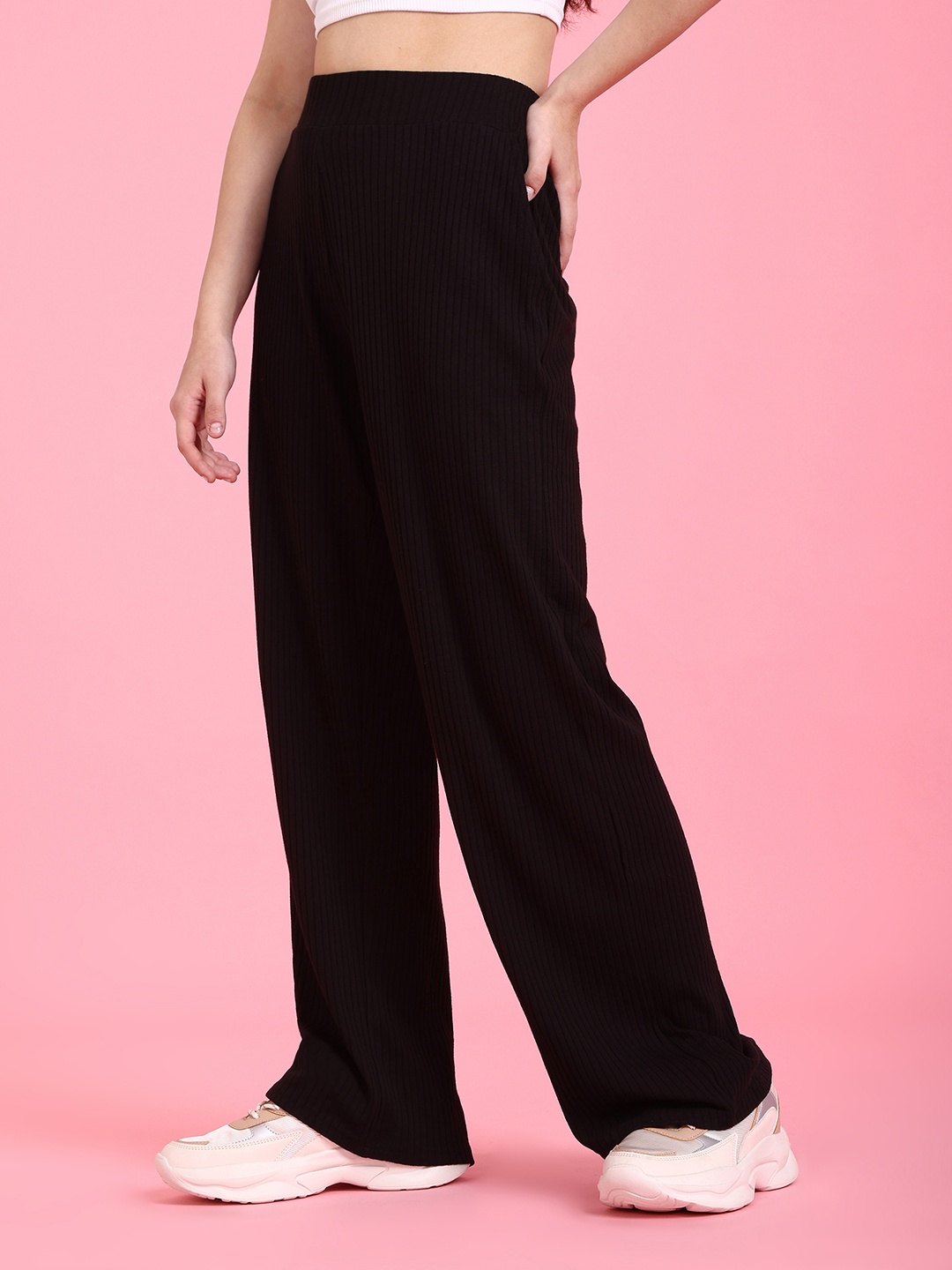 

Flying Machine Women Ribbed Track Pants, Black
