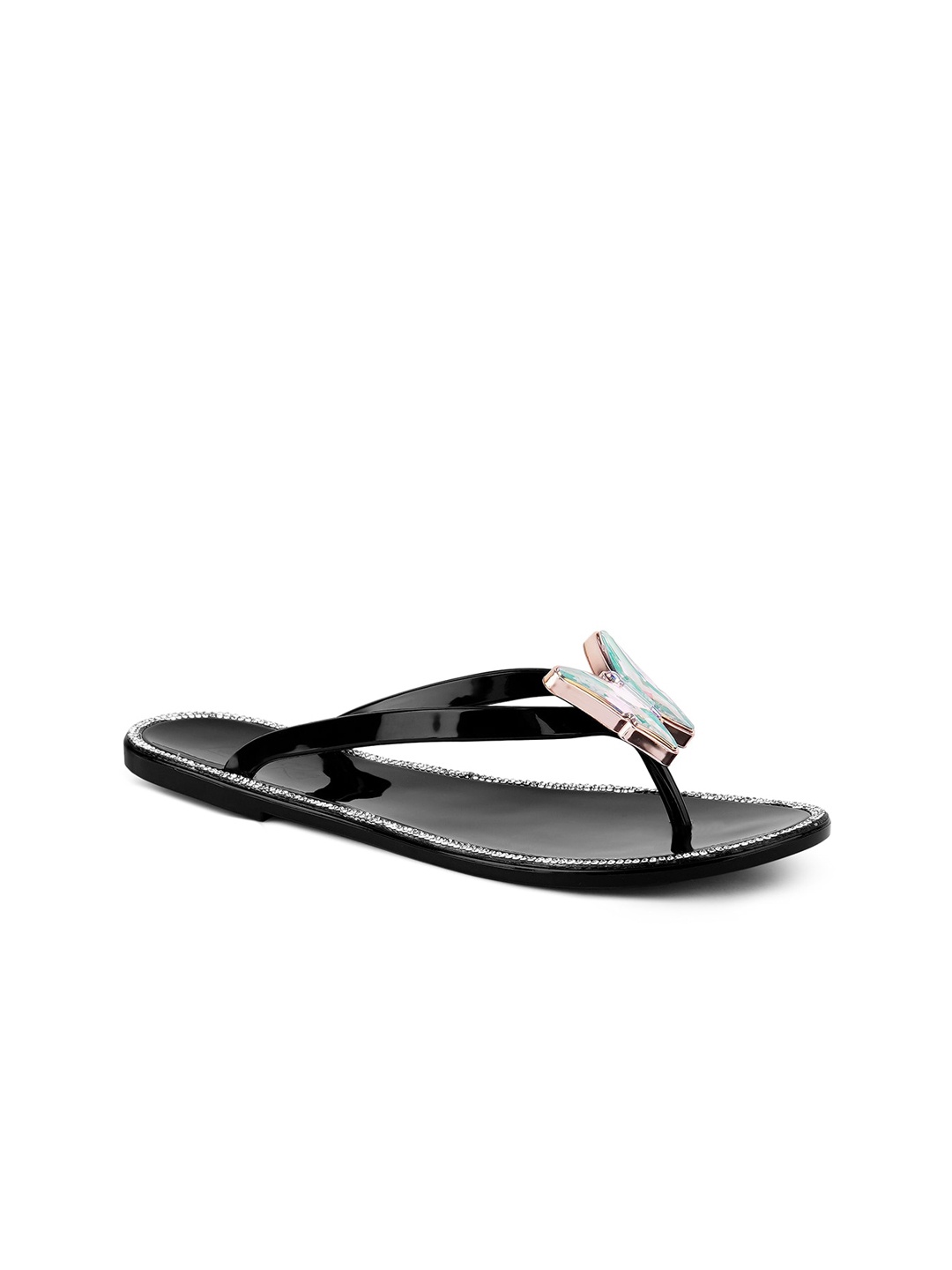 

London Rag Women Black Embellished T-Strap Flats