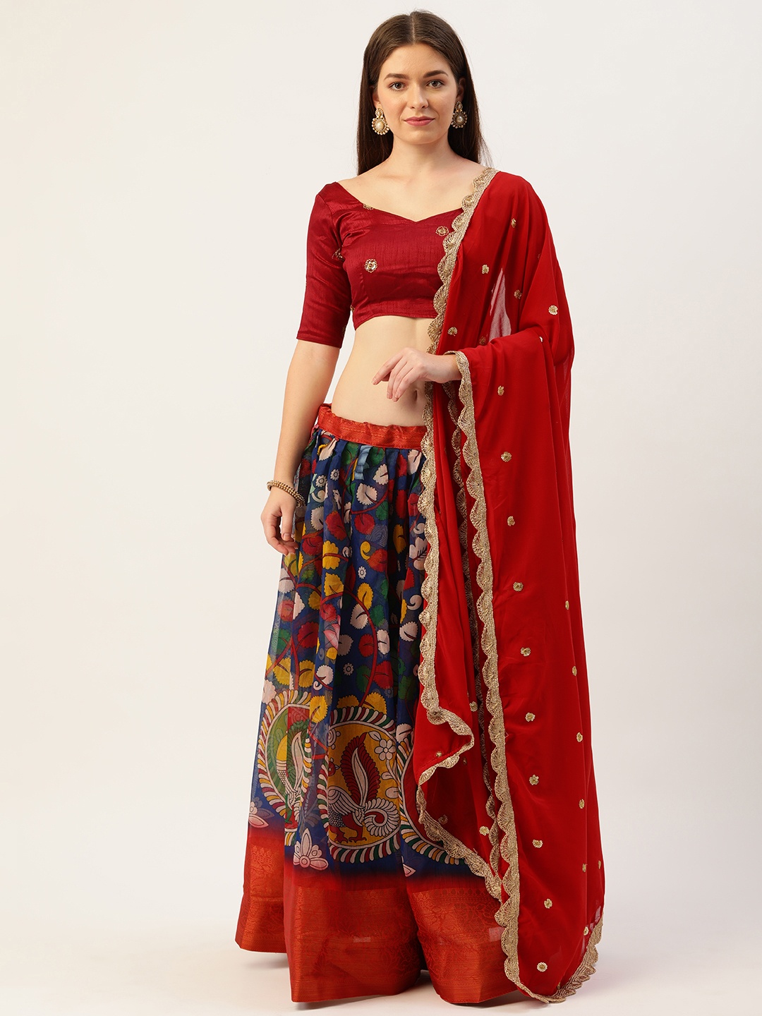 

LOOKNBOOK ART Navy blue Soft Cotton With Printed Lehenga Choli, Red