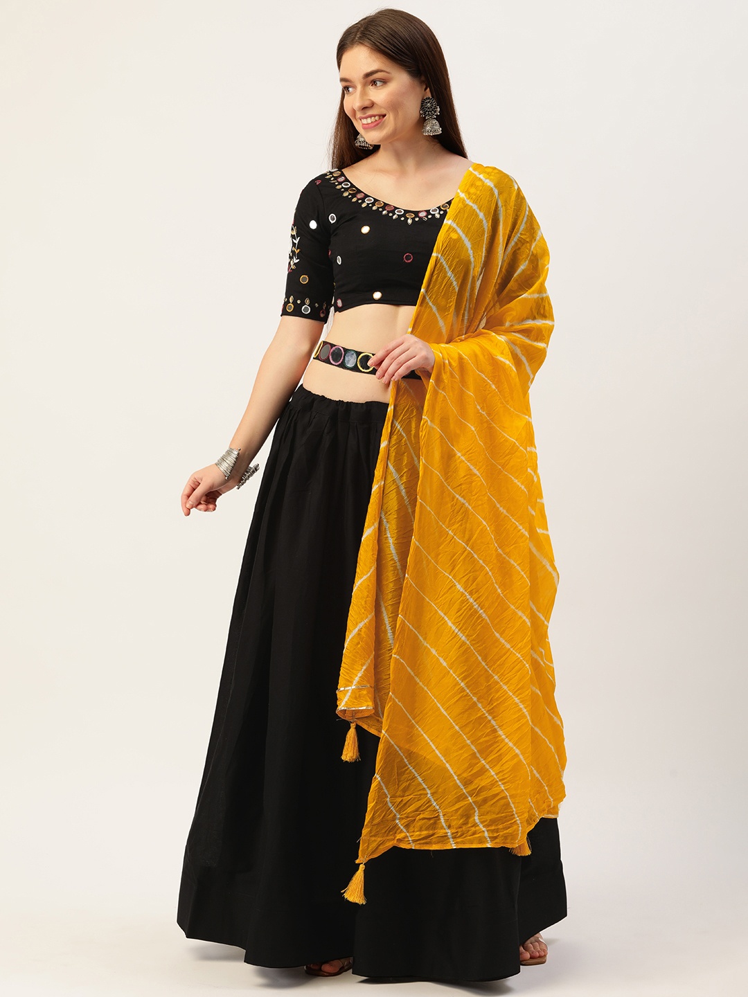 

LOOKNBOOK ART Black & Mustard Embellished Mirror Work Semi-Stitched Lehenga & Unstitched Blouse With Dupatta
