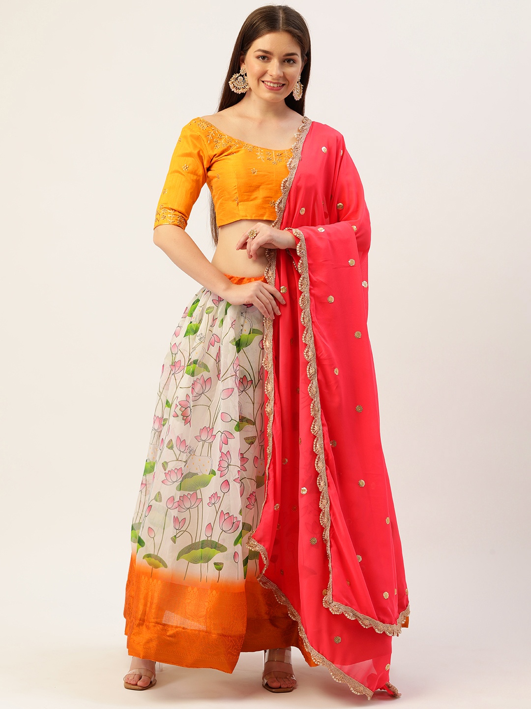 

LOOKNBOOK ART White & Mustard Embroidered Semi-Stitched Lehenga & Unstitched Blouse With Dupatta