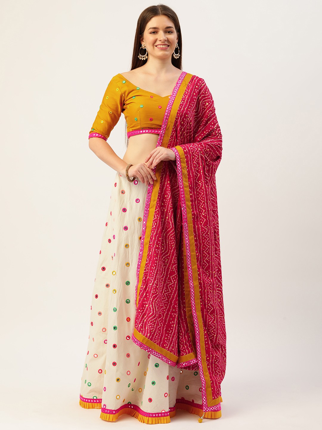 

LOOKNBOOK ART Mustard & Cream-Coloured Embellished Mirror Work Semi-Stitched Lehenga & Unstitched Blouse, Off white