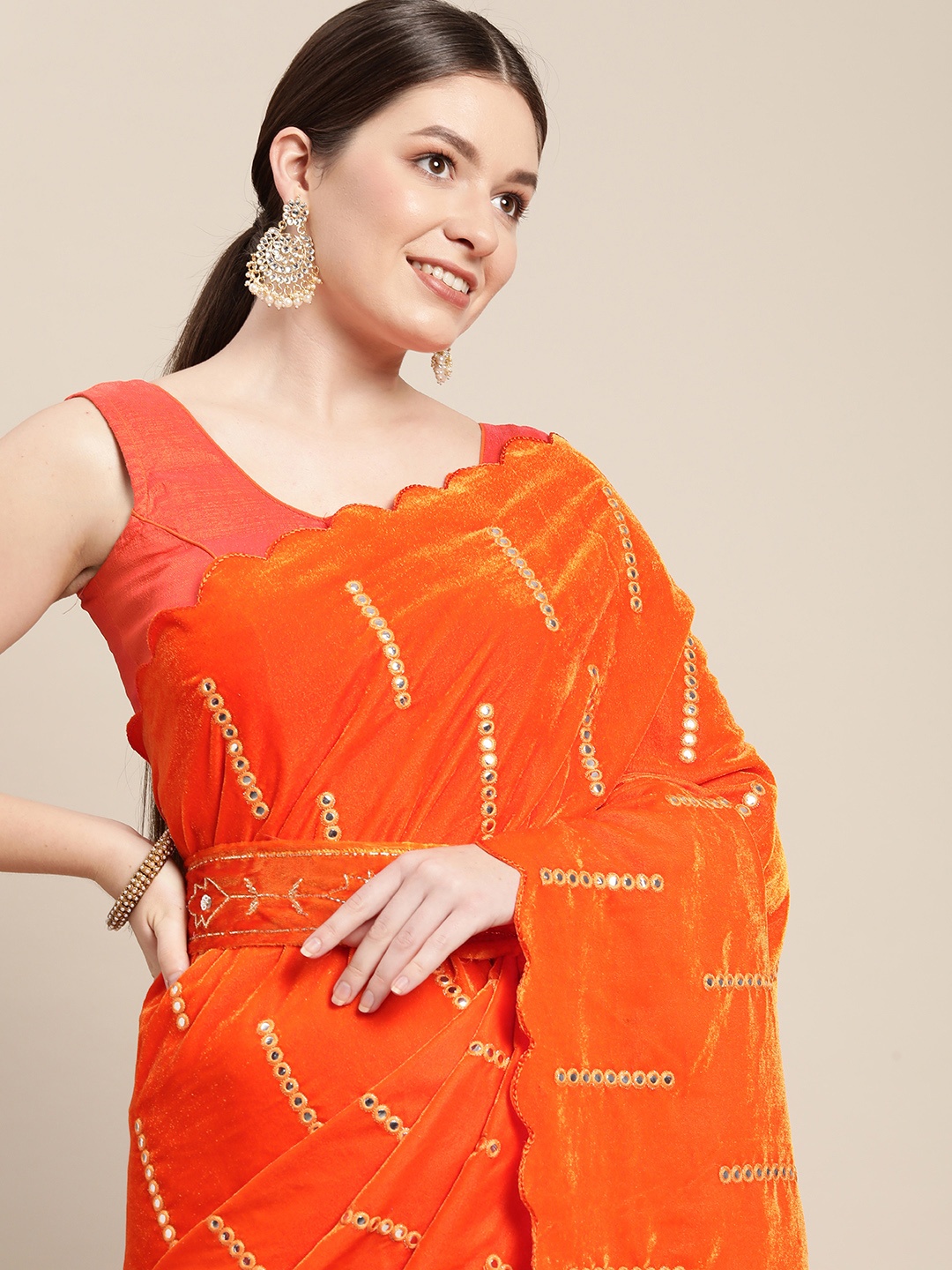 

VASTRANAND Orange Embroidered Mirror Work Velvet Belted Saree with Blouse
