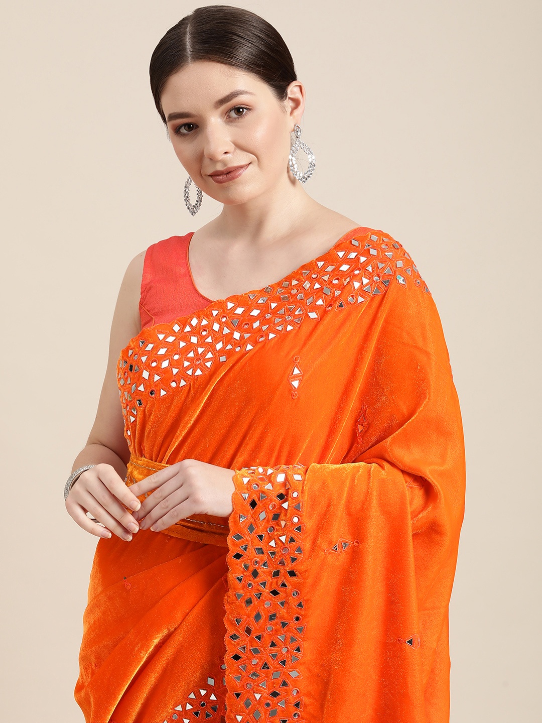 

VASTRANAND Orange Embellished Mirror Work Velvet Belted Saree with Blouse
